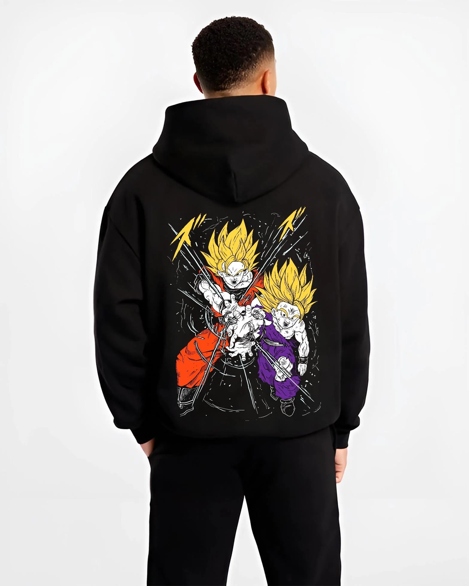 Black hoodie worn by male model, back view with Gohan Hoodie Dragon Ball Z Super Saiyan Rage Clash graphic premium wear.