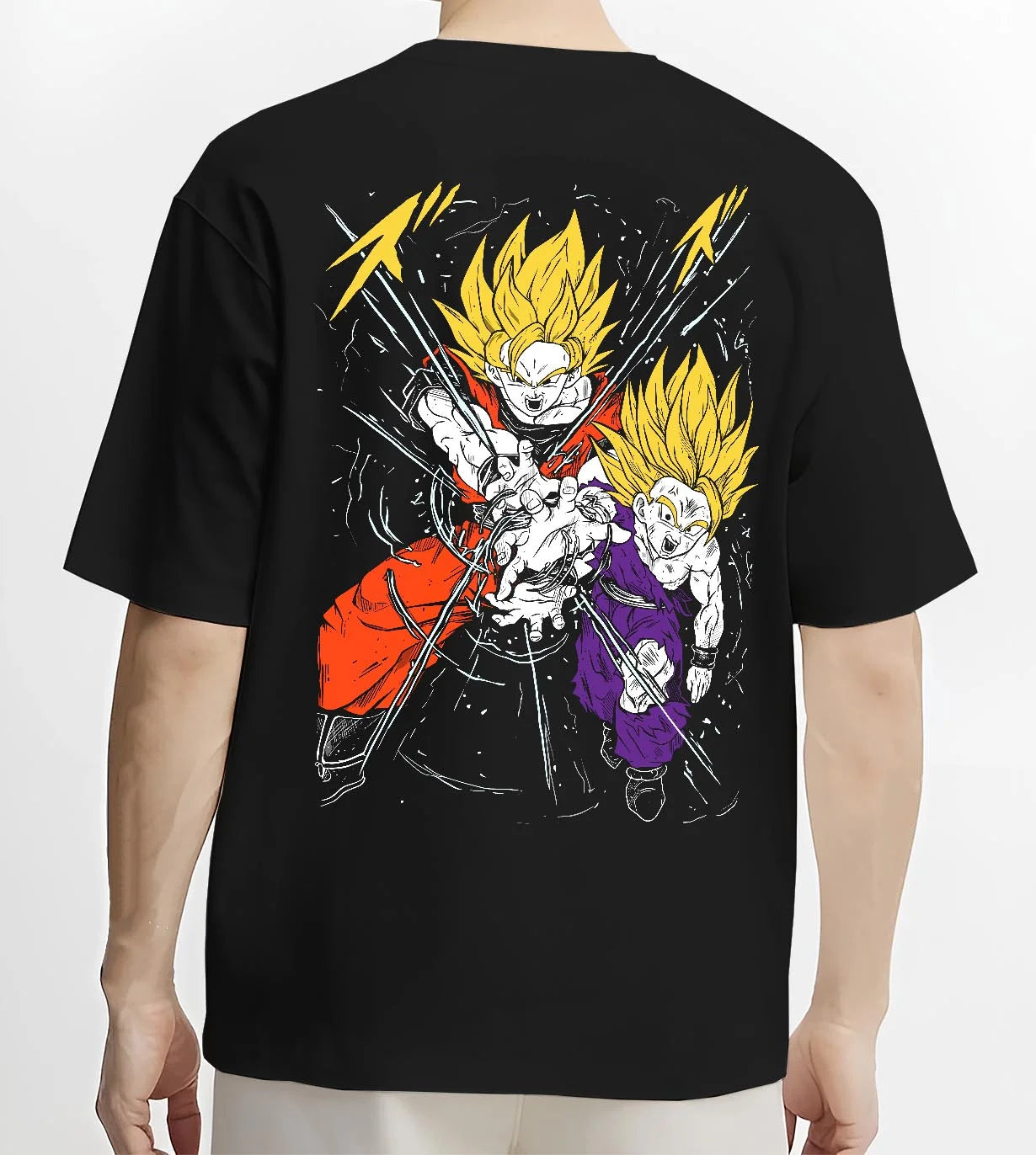 Black T-shirt worn by male model, back view with Gohan Hoodie Dragon Ball Z Super Saiyan Rage Clash graphic bold anime graphic.