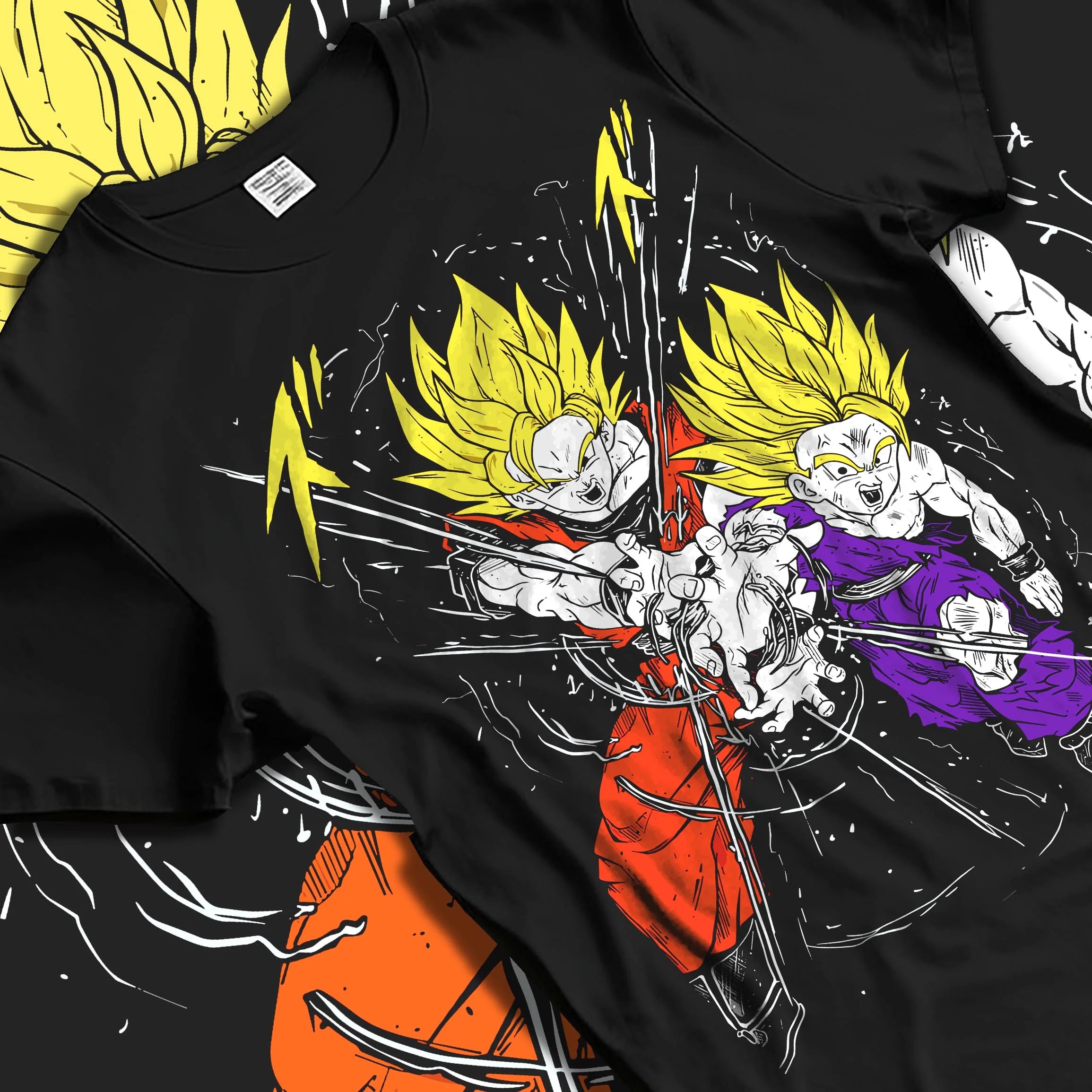 Black T-shirt laid flat with natural folds with Gohan Hoodie Dragon Ball Z Super Saiyan Rage Clash graphic premium wear.
