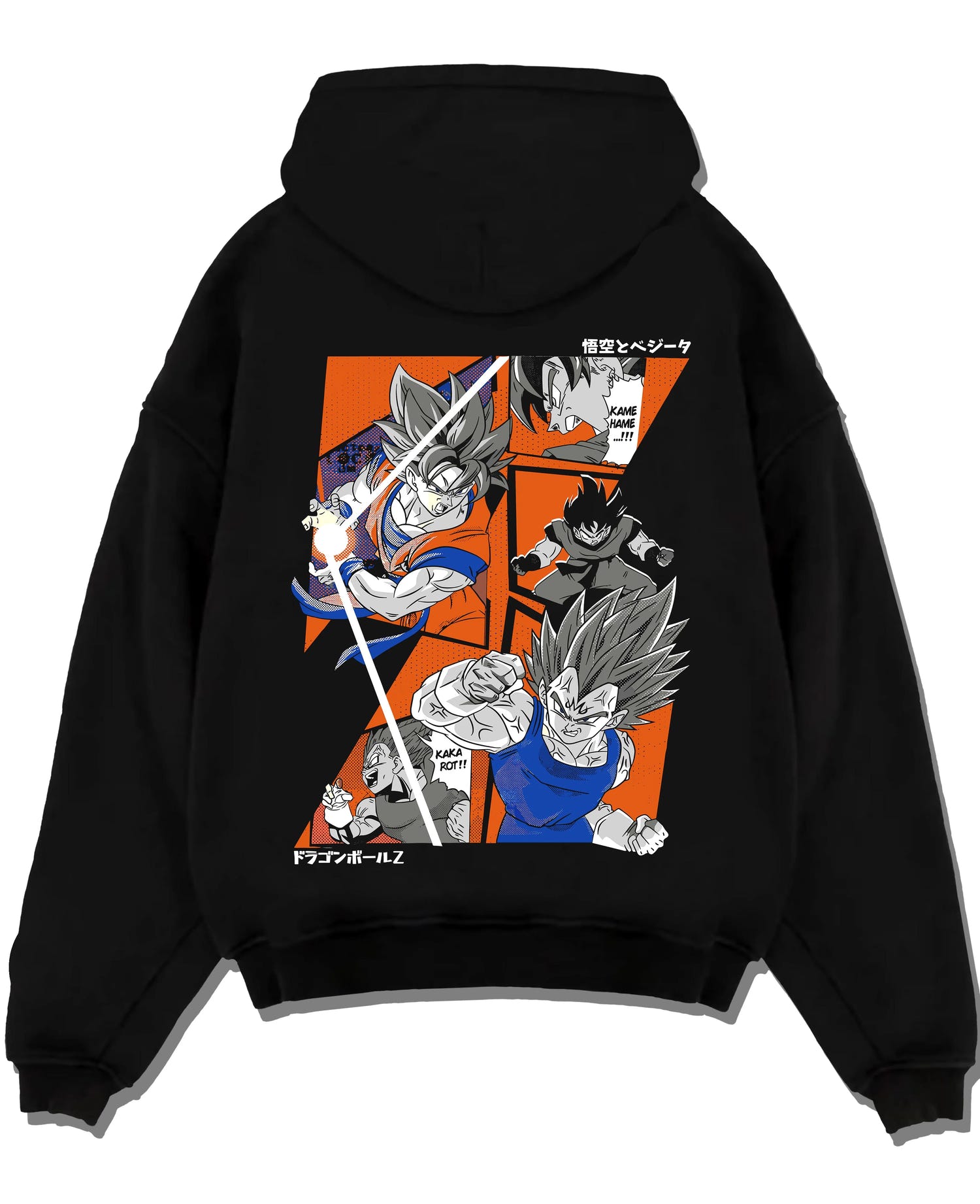 Black pullover hoodie laid flat with Vegeta Hoodie Dragon Ball Z Super Saiyan Blue Rage graphic premium wear.