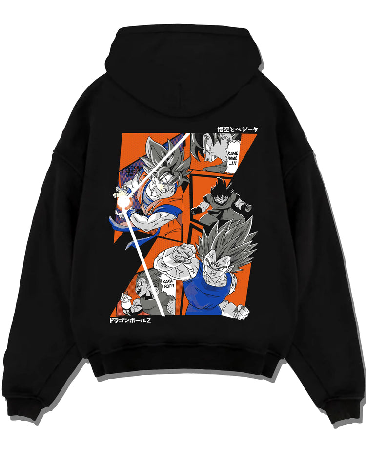 Black pullover hoodie laid flat with Vegeta Hoodie Dragon Ball Z Super Saiyan Blue Rage graphic premium wear.