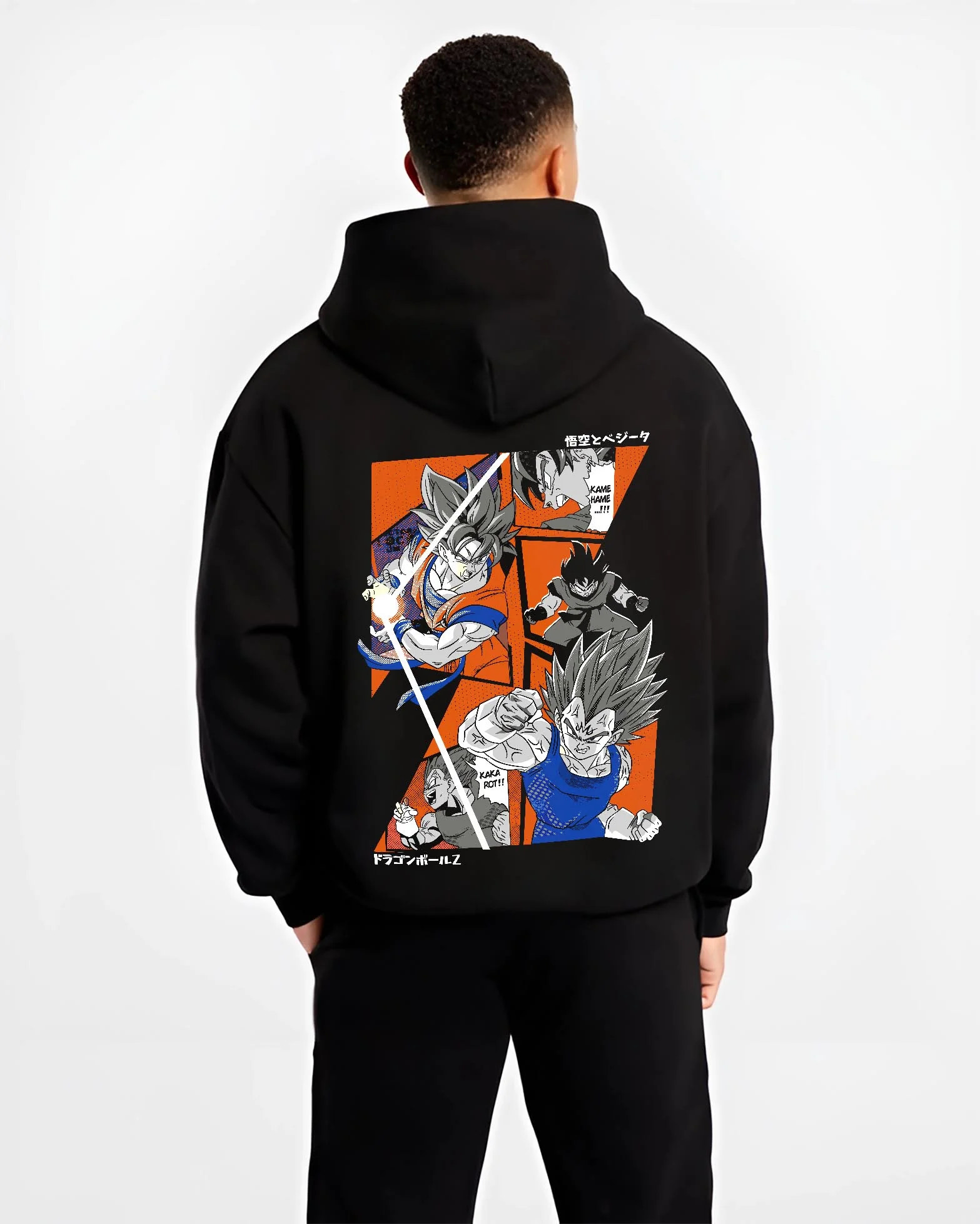 Black hoodie worn by male model, back view with Vegeta Hoodie Dragon Ball Z Super Saiyan Blue Rage graphic premium wear.