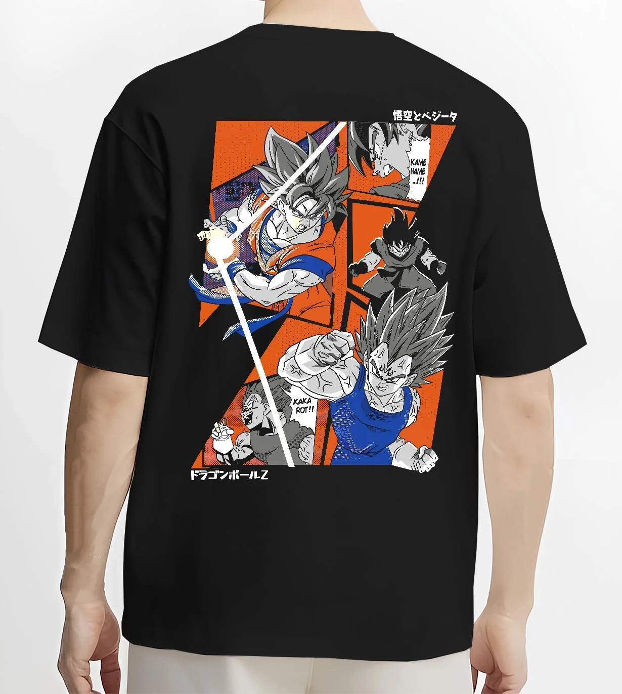 Black T-shirt worn by male model, back view with Vegeta Hoodie Dragon Ball Z Super Saiyan Blue Rage graphic premium wear.