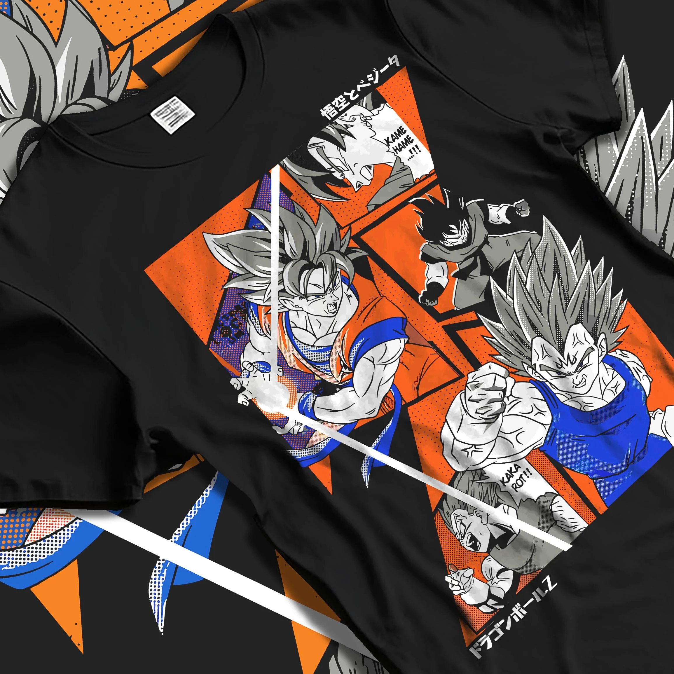 Black T-shirt laid flat with natural folds with Vegeta Hoodie Dragon Ball Z Super Saiyan Blue Rage graphic streetwear graphic.