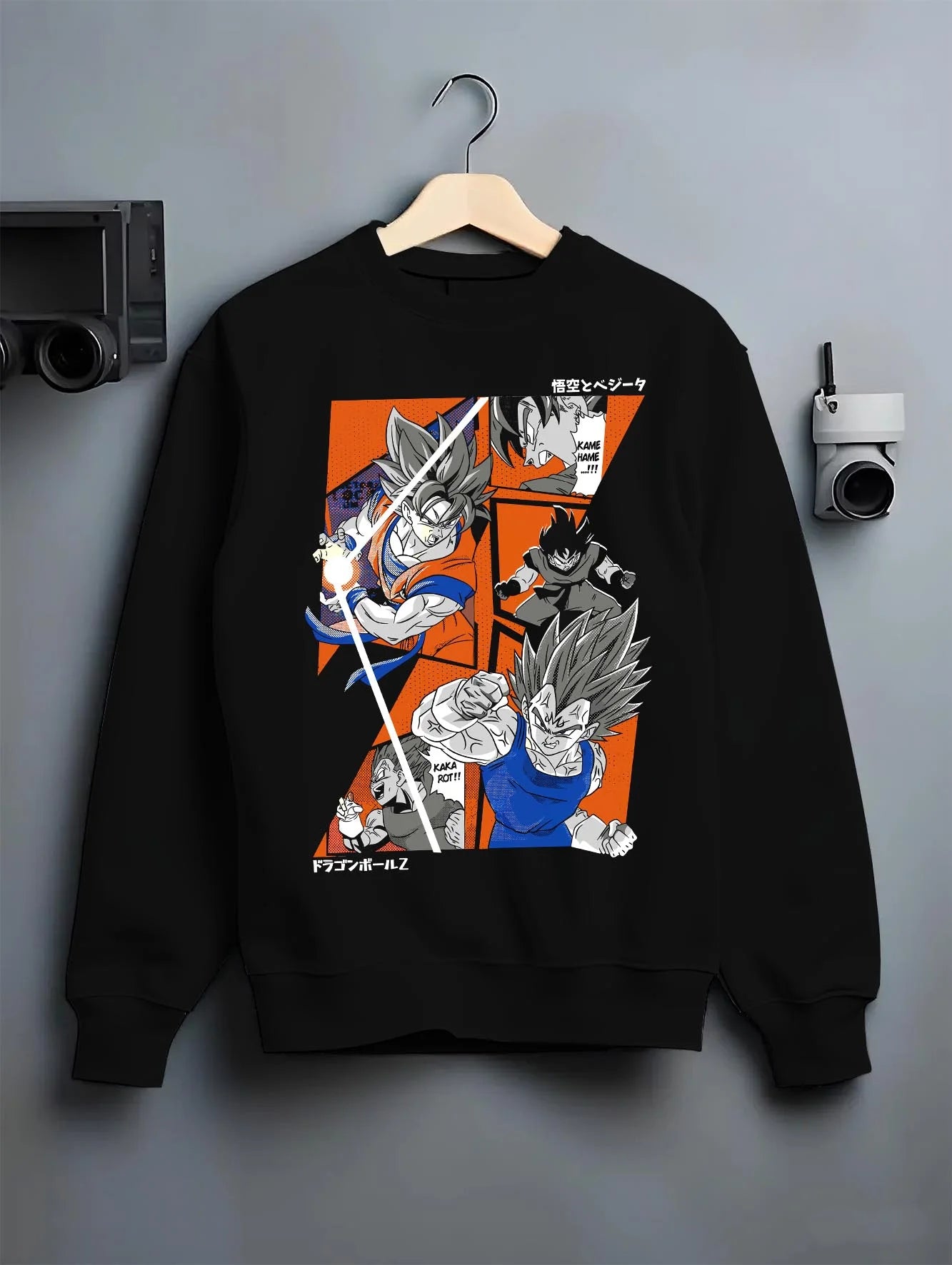 Black crewneck sweatshirt on hanger with Vegeta Hoodie Dragon Ball Z Super Saiyan Blue Rage graphic streetwear graphic.