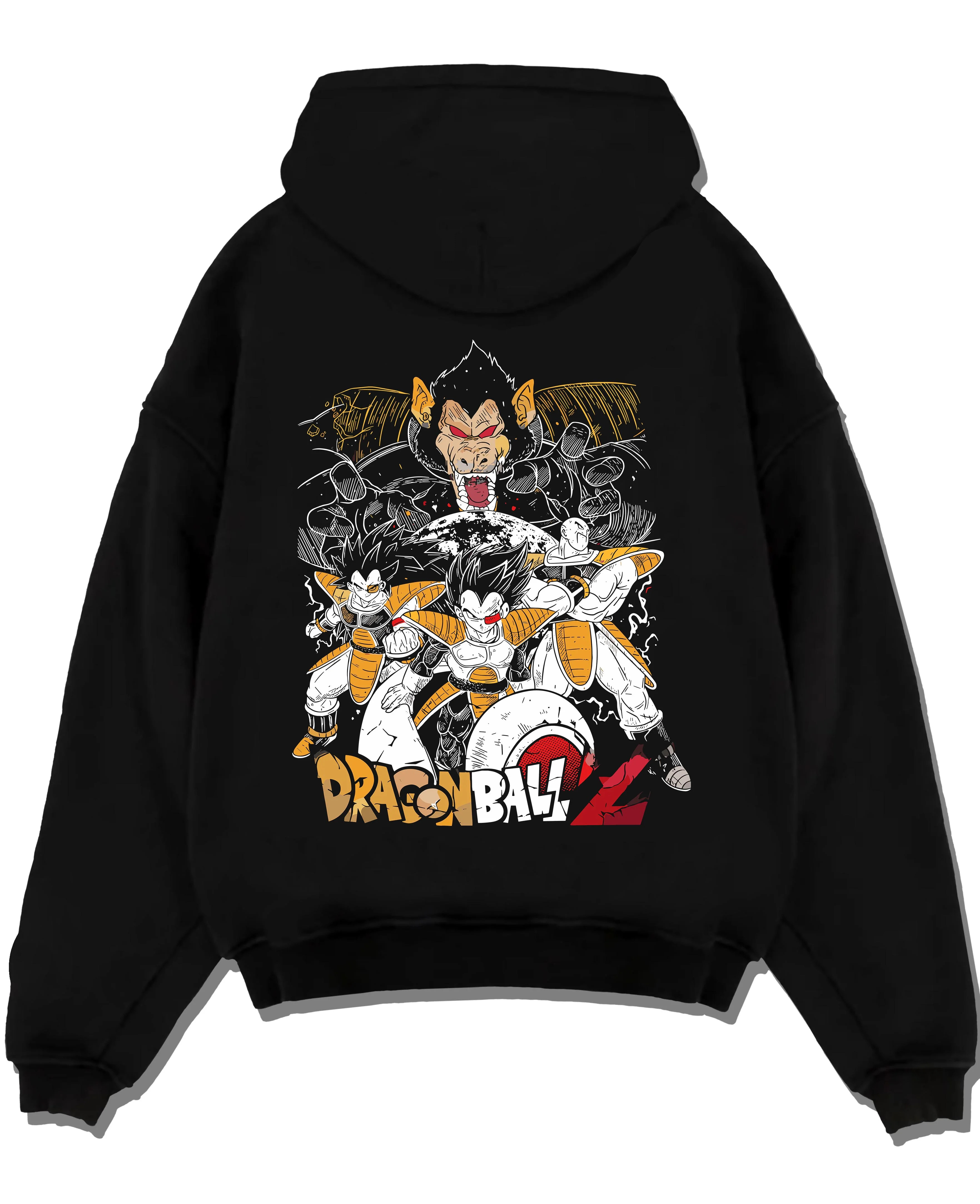 Black pullover hoodie laid flat with Vegeta Hoodie Dragon Ball Z Saiyan Group Battle graphic bold anime graphic.