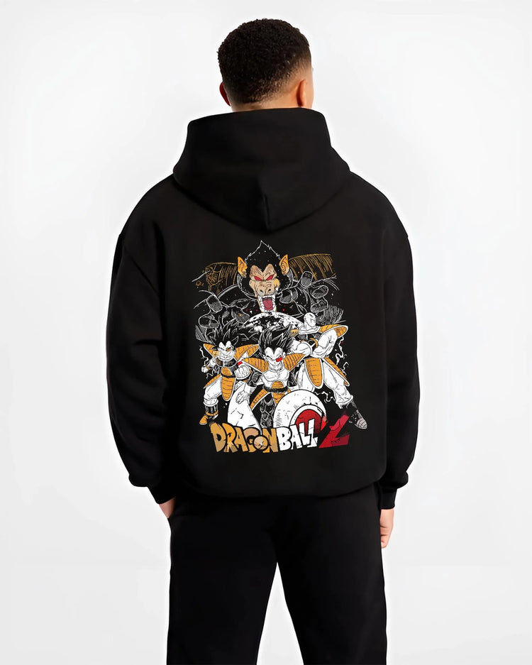 Black hoodie worn by male model, back view with Vegeta Hoodie Dragon Ball Z Saiyan Group Battle graphic streetwear graphic.