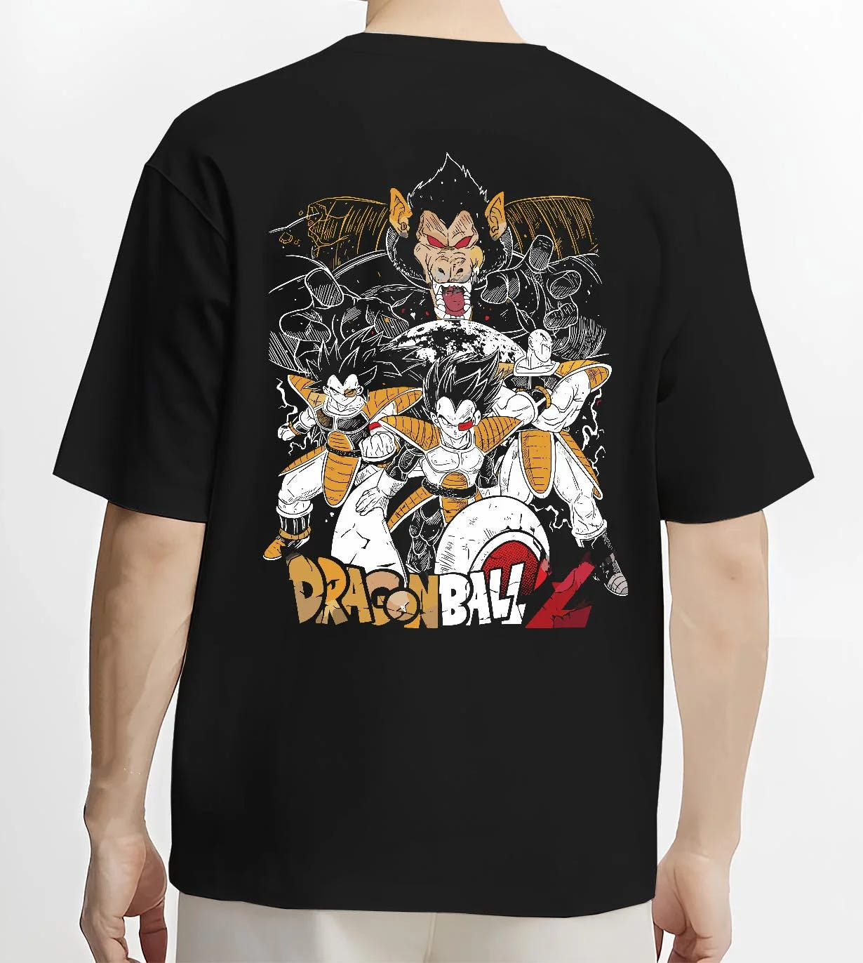 Black T-shirt worn by male model, back view with Vegeta Hoodie Dragon Ball Z Saiyan Group Battle graphic premium wear.