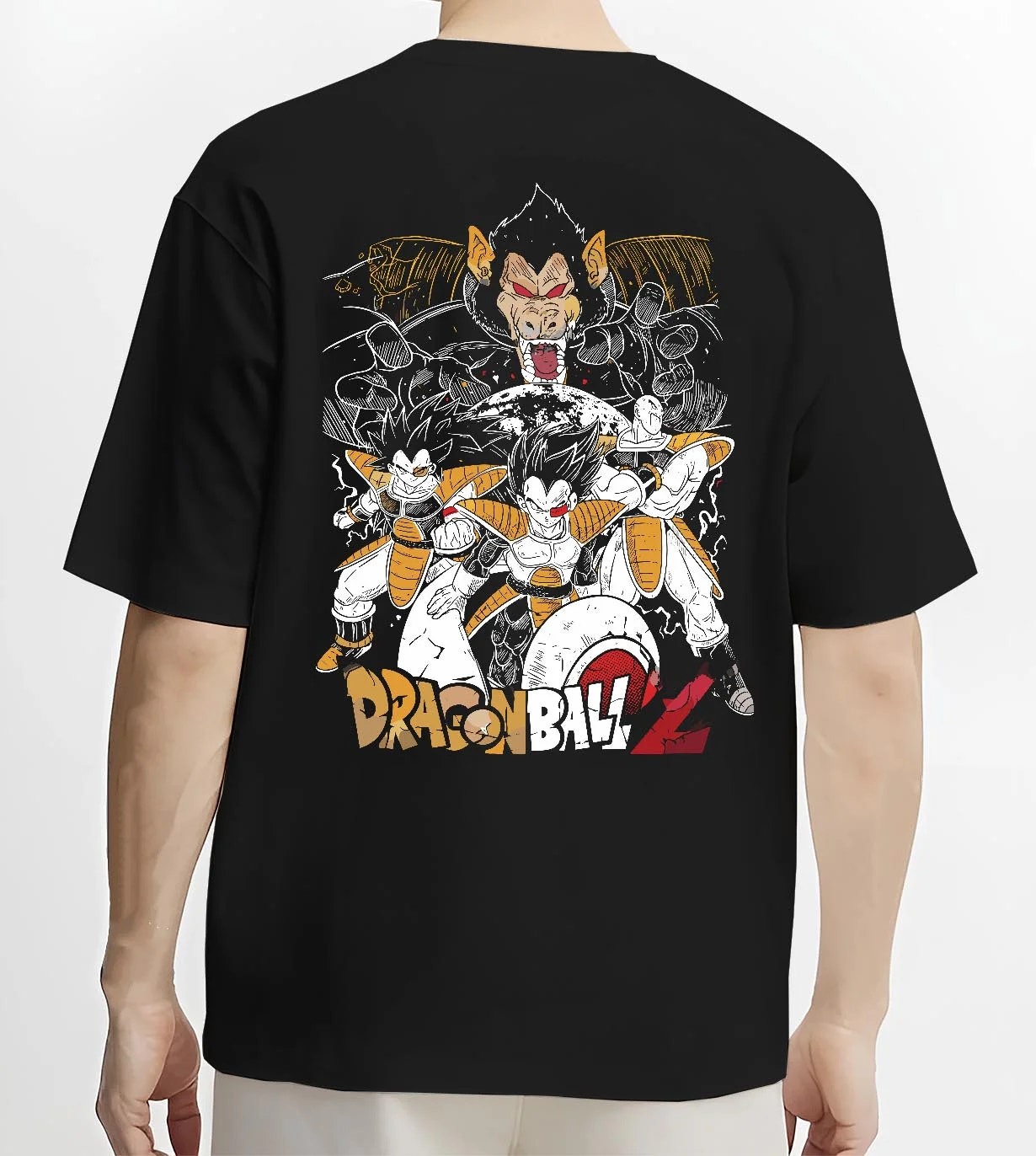 Black T-shirt worn by male model, back view with Vegeta Hoodie Dragon Ball Z Saiyan Group Battle graphic premium wear.