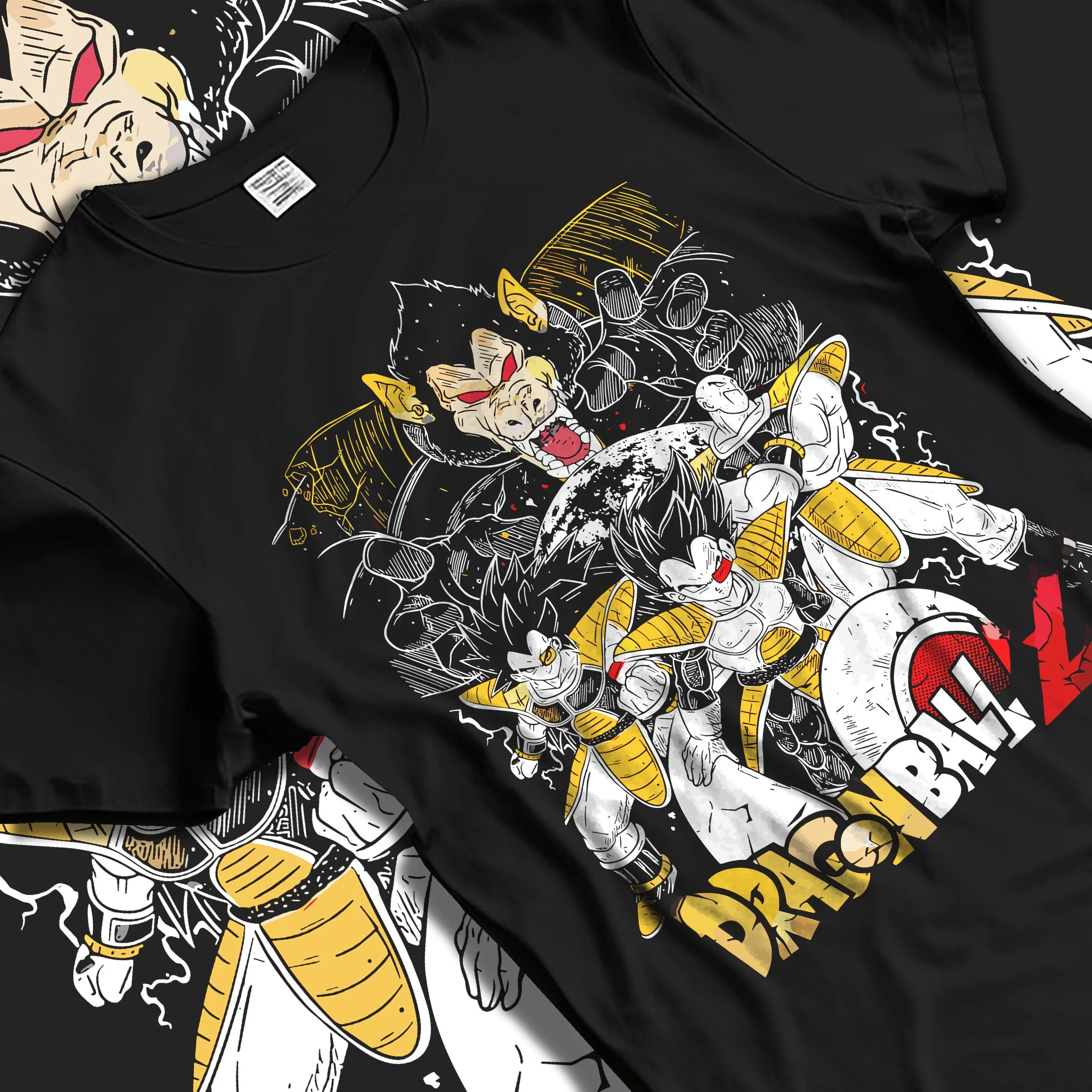 Black T-shirt laid flat with natural folds with Vegeta Hoodie Dragon Ball Z Saiyan Group Battle graphic bold anime graphic.