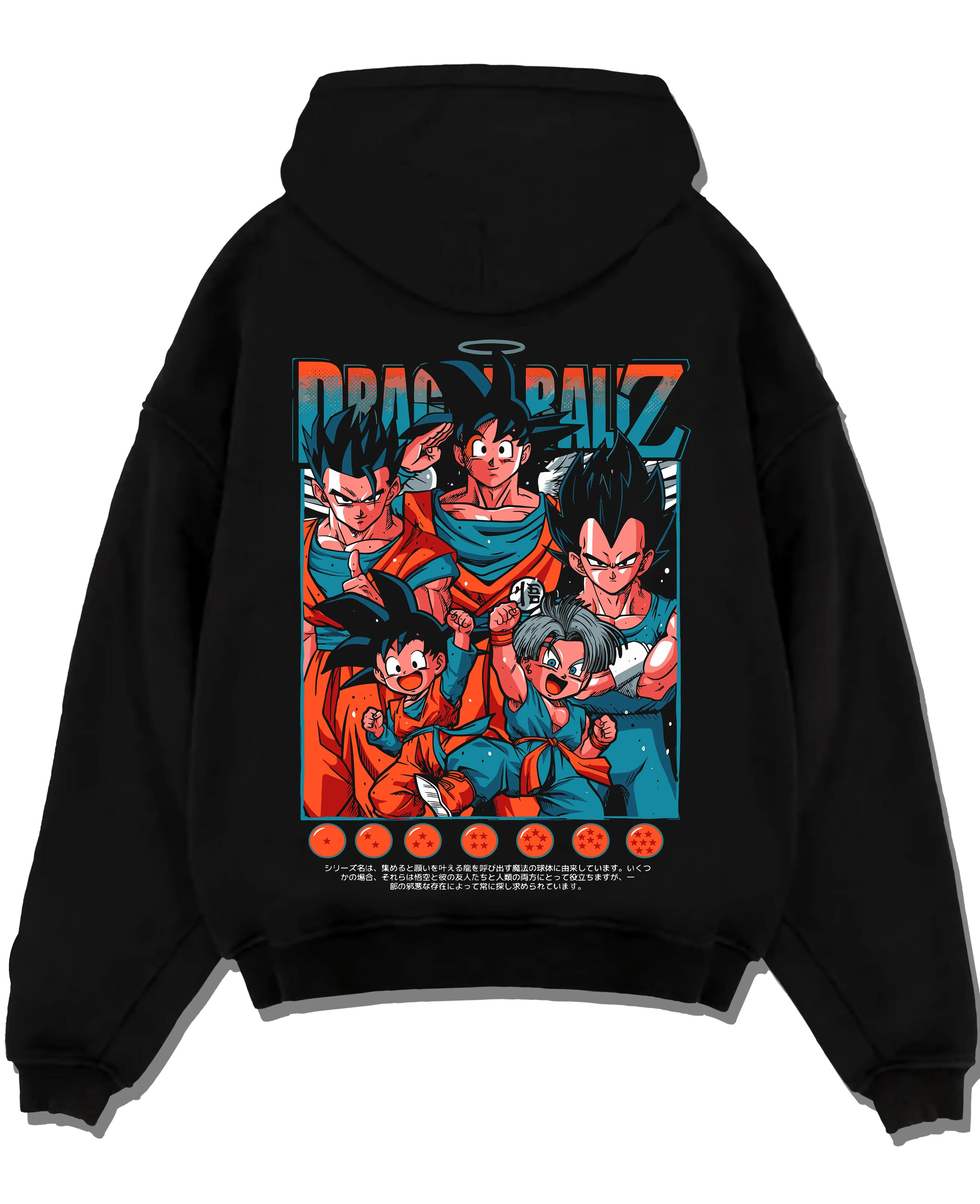 Black pullover hoodie laid flat with Dragon Ball Hoodie Z Fighters Team Retro Collage graphic bold anime graphic.