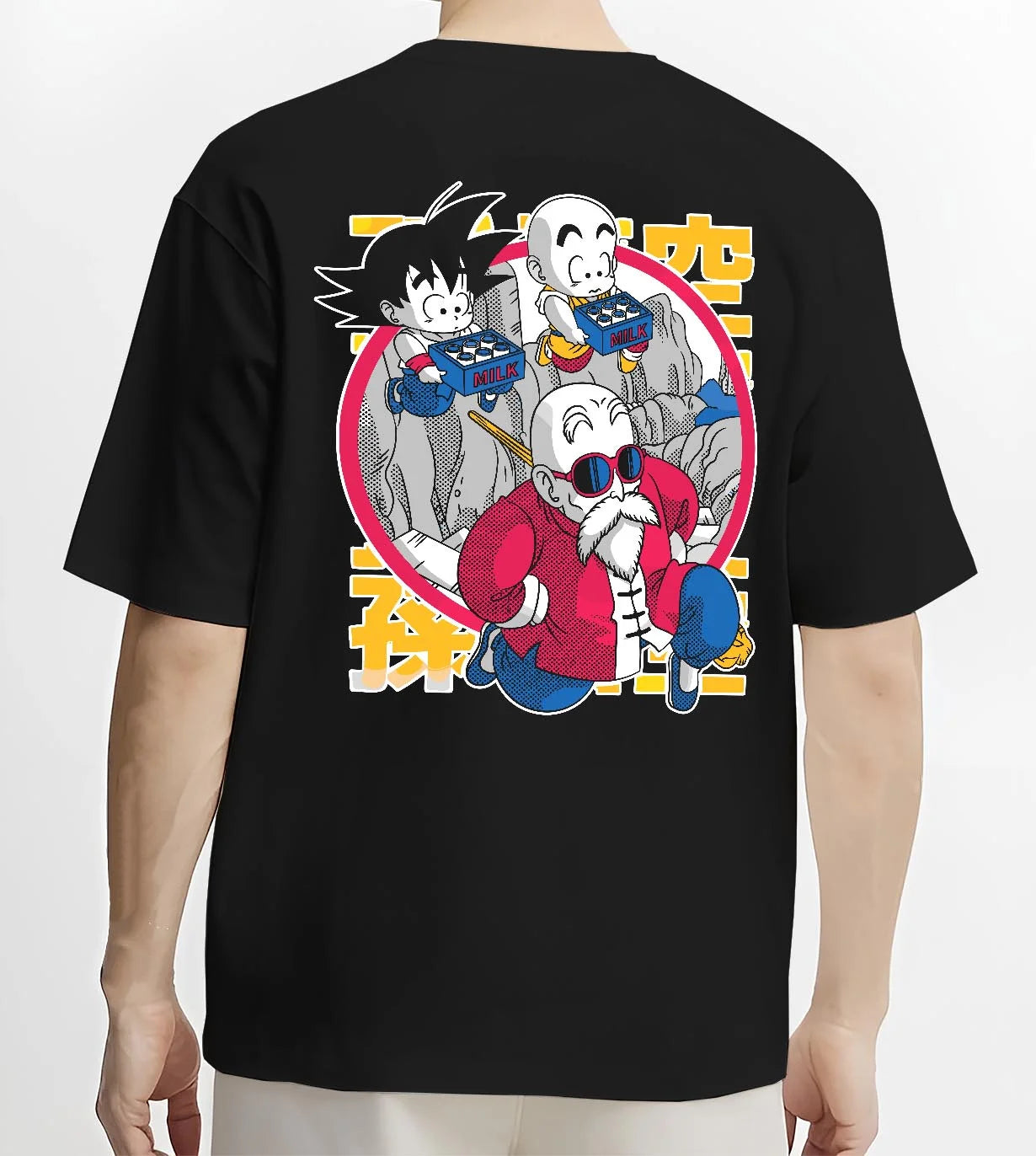 Black T-shirt worn by male model, back view with Dragon Ball Hoodie Krillin Retro Training White Gi graphic bold anime graphic.