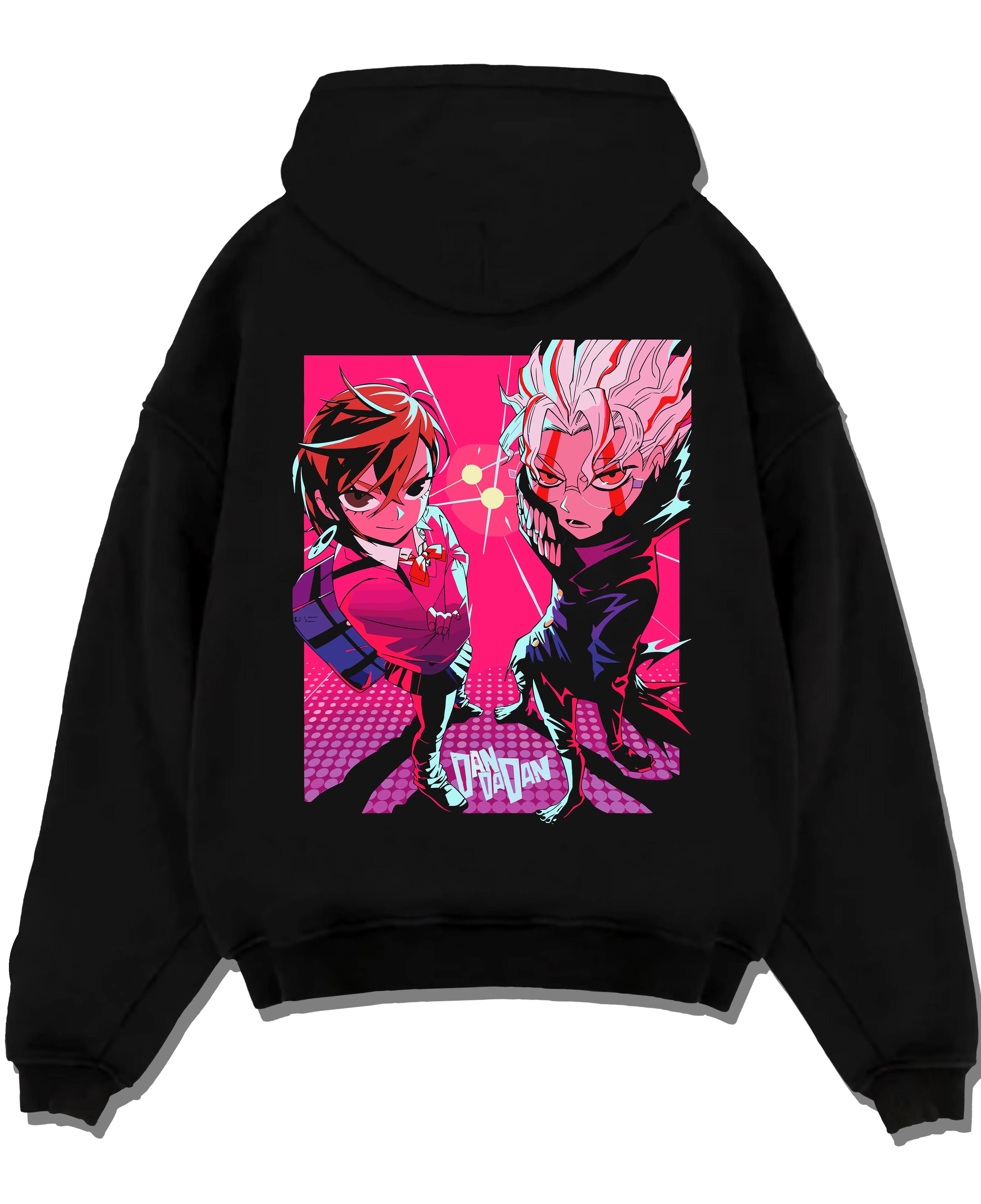 Black pullover hoodie laid flat with Dandadan Duo Hoodie Paranormal Adventure Retro Anime graphic bold anime graphic.