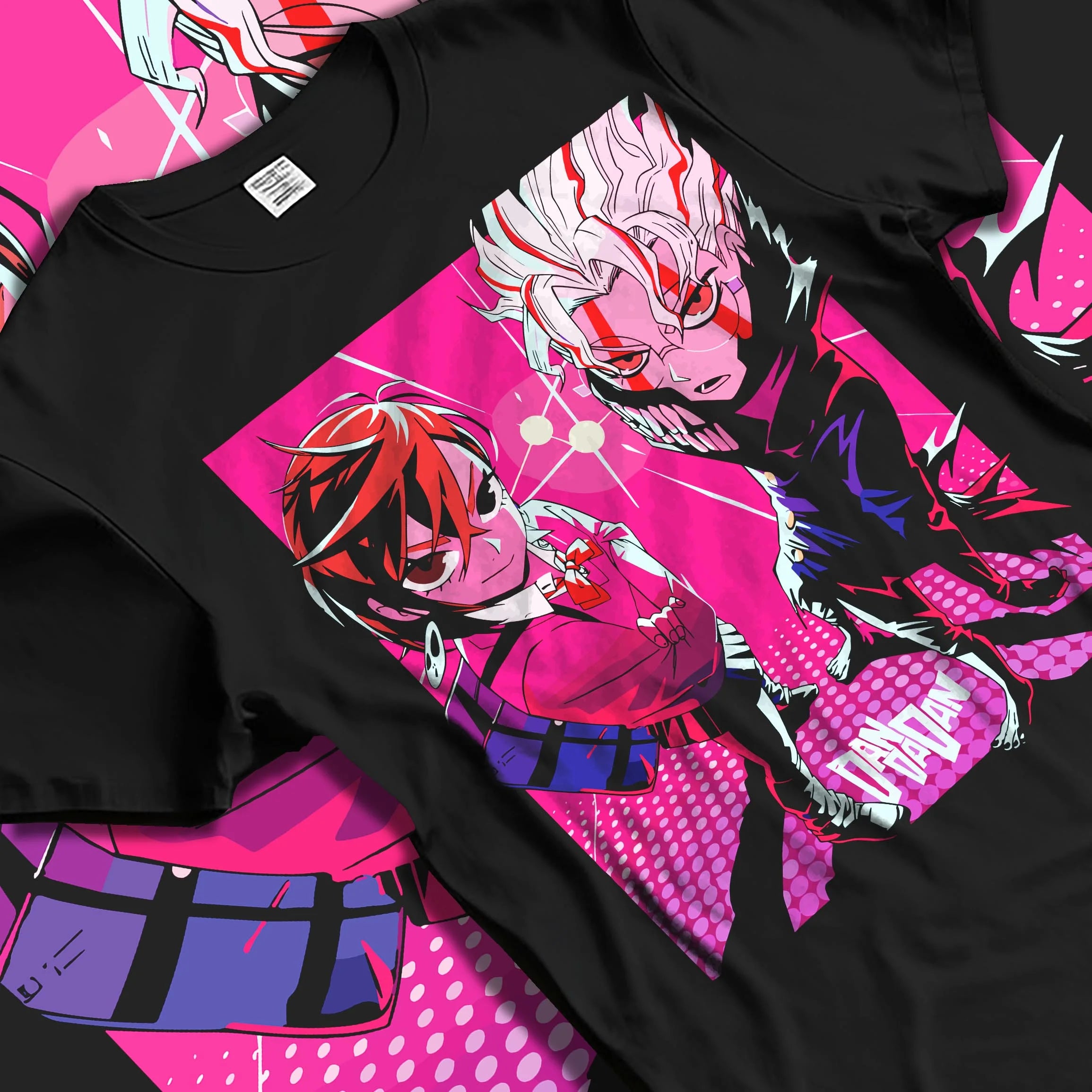 Black T-shirt laid flat with natural folds with Dandadan Duo Hoodie Paranormal Adventure Retro Anime graphic premium wear.