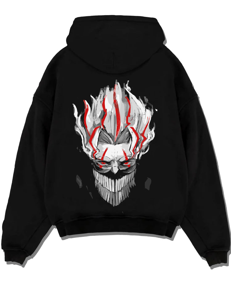 Black pullover hoodie laid flat with Dandadan Hoodie Paranormal Spirit Ghostly Red Scene graphic streetwear graphic.