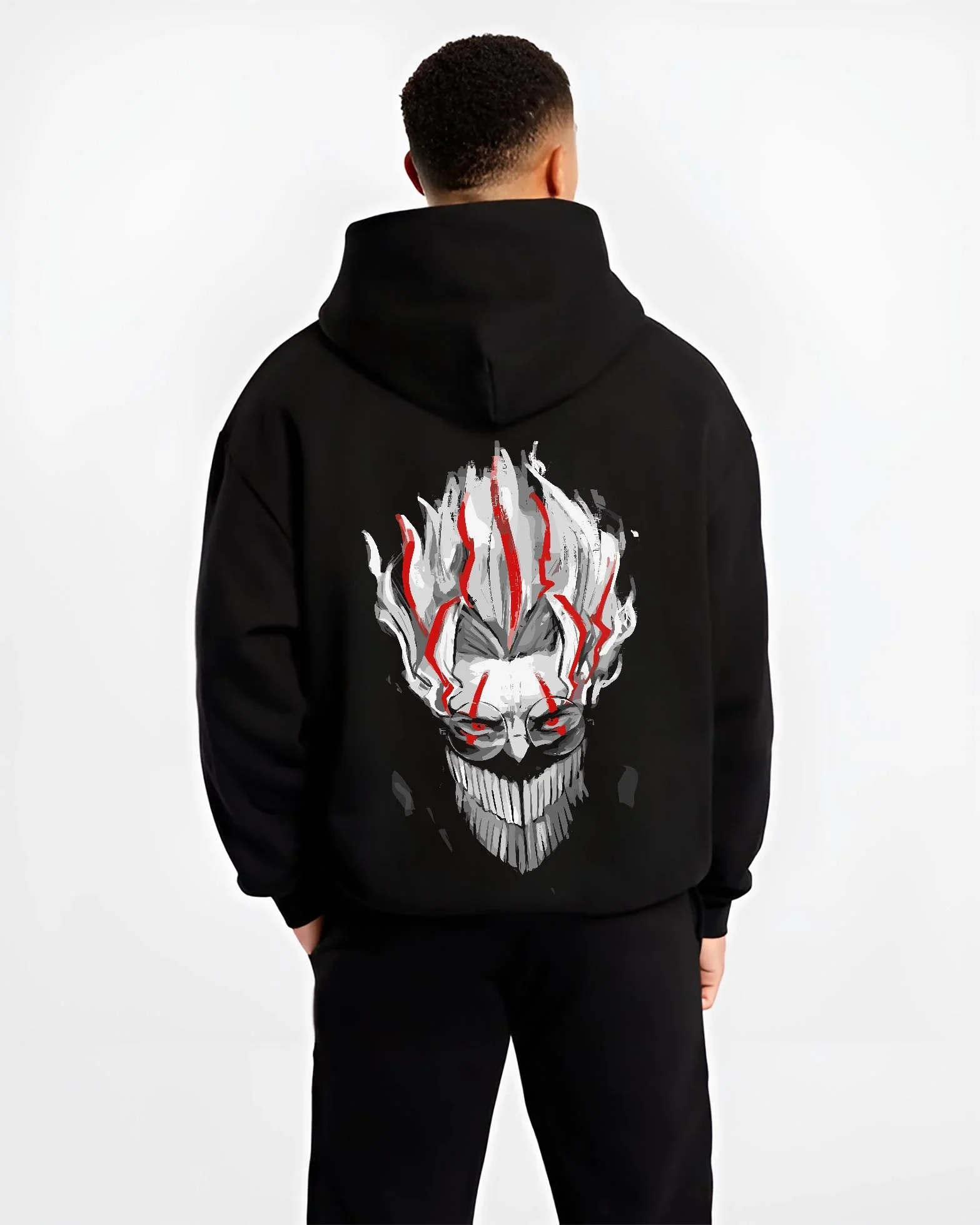 Black hoodie worn by male model, back view with Dandadan Hoodie Paranormal Spirit Ghostly Red Scene graphic streetwear graphic.