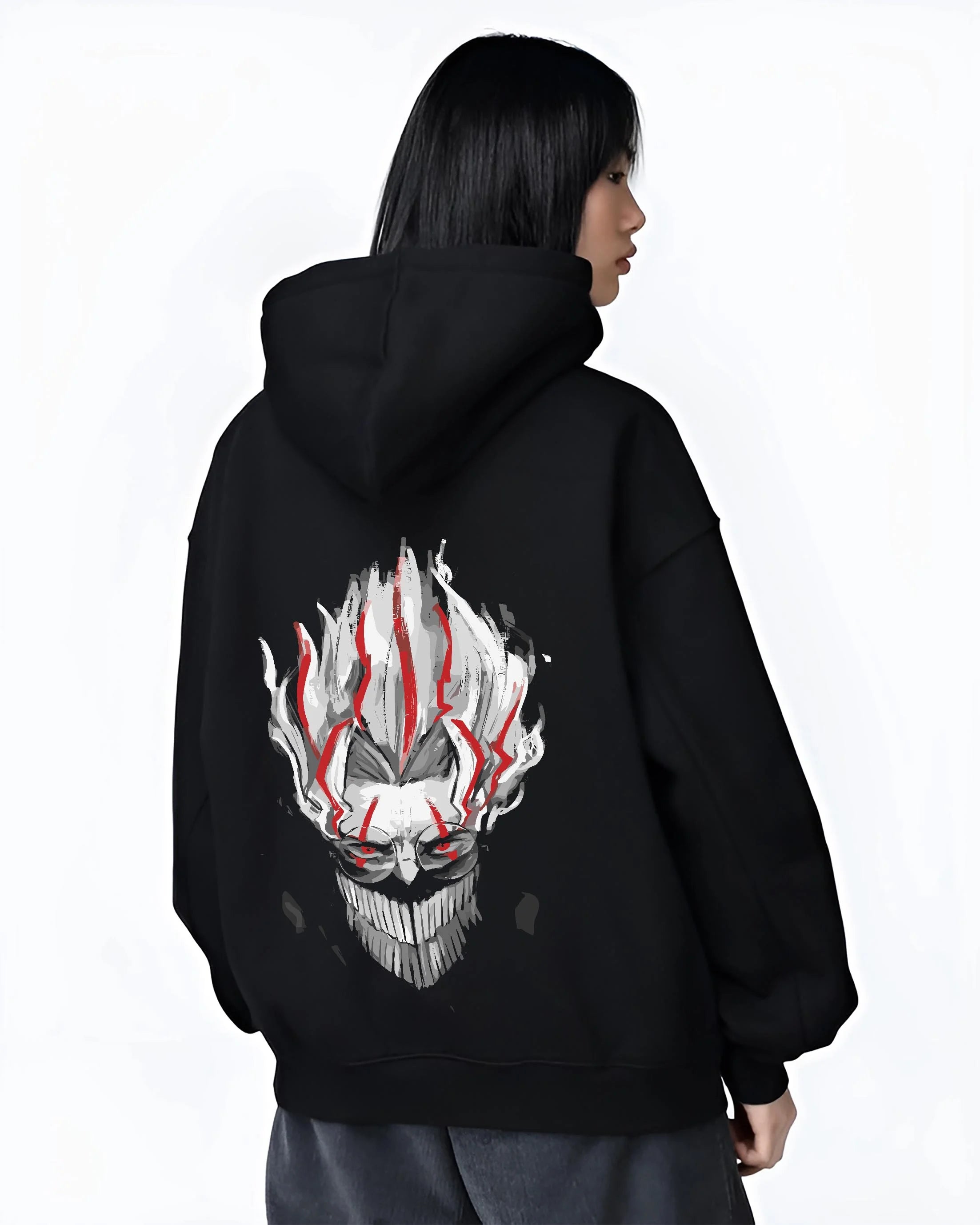 Black hoodie worn by female model, back view with Dandadan Hoodie Paranormal Spirit Ghostly Red Scene graphic bold anime graphic.