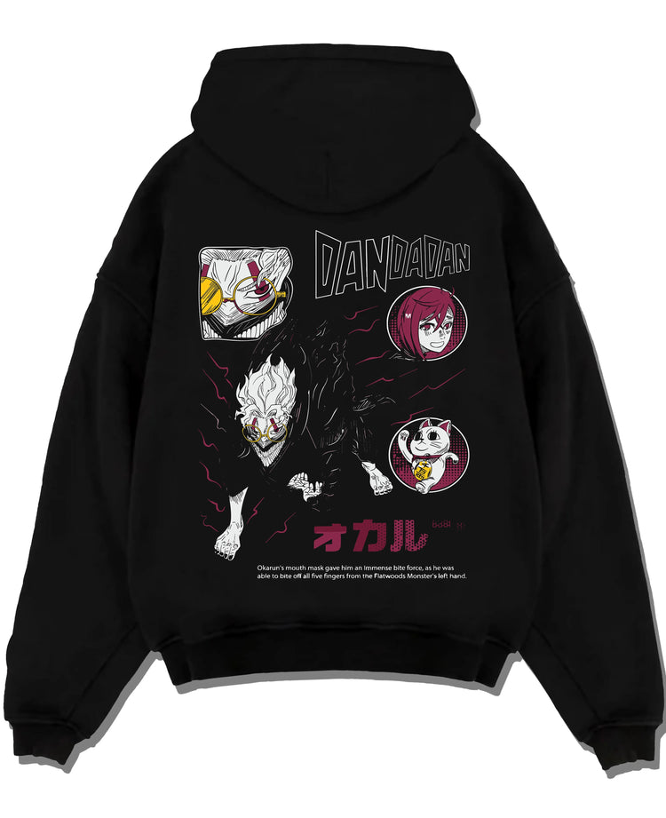Black pullover hoodie laid flat with Dandadan Hoodie Paranormal Battle Horror Retro Print graphic bold anime graphic.