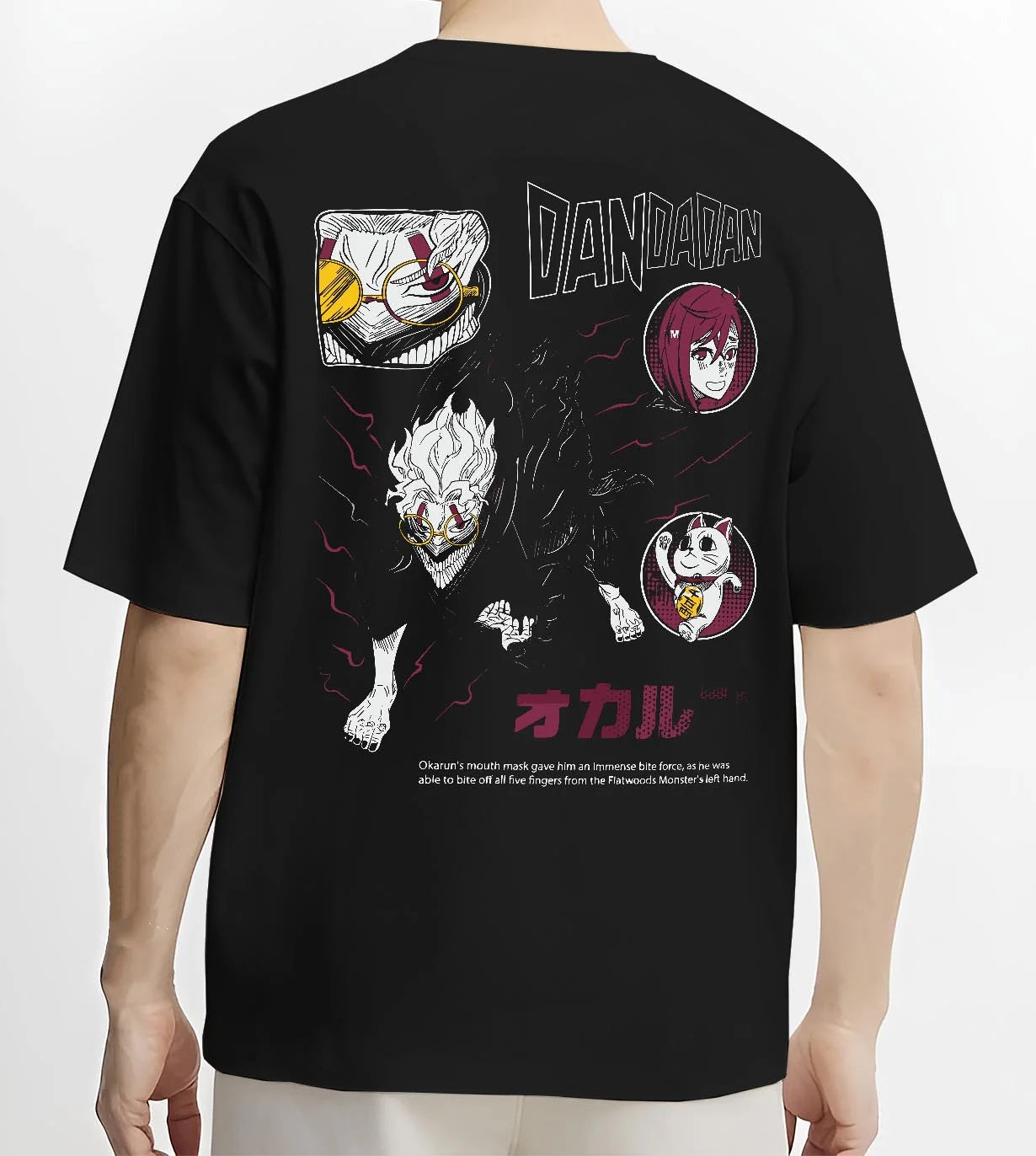 Black T-shirt worn by male model, back view with Dandadan Hoodie Paranormal Battle Horror Retro Print graphic streetwear graphic.