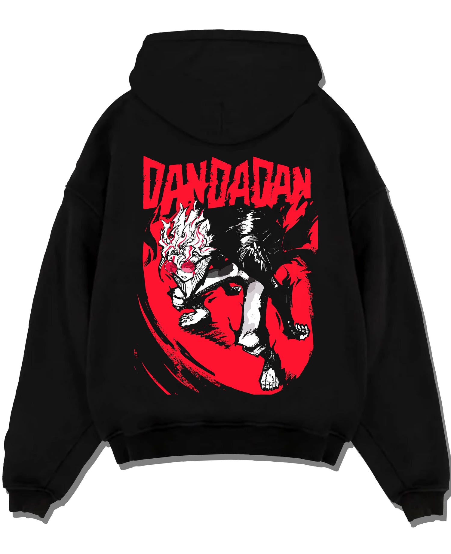Black pullover hoodie laid flat with Dandadan Hoodie Retro Anime Occult Spirit Adventure graphic nan themed artwork.
