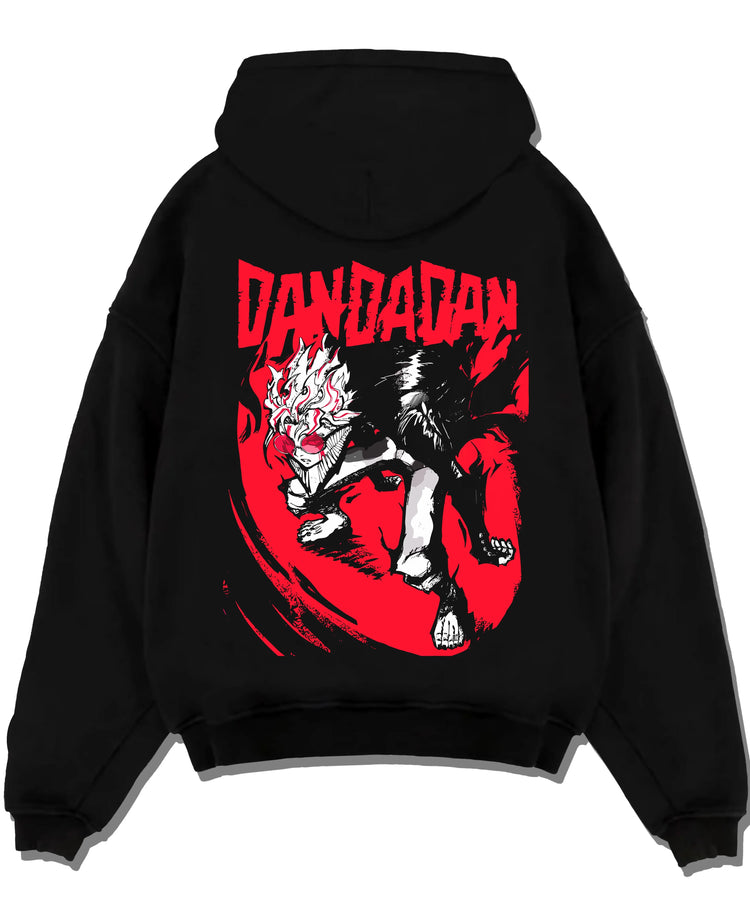 Black pullover hoodie laid flat with Dandadan Hoodie Retro Anime Occult Spirit Adventure graphic nan themed artwork.