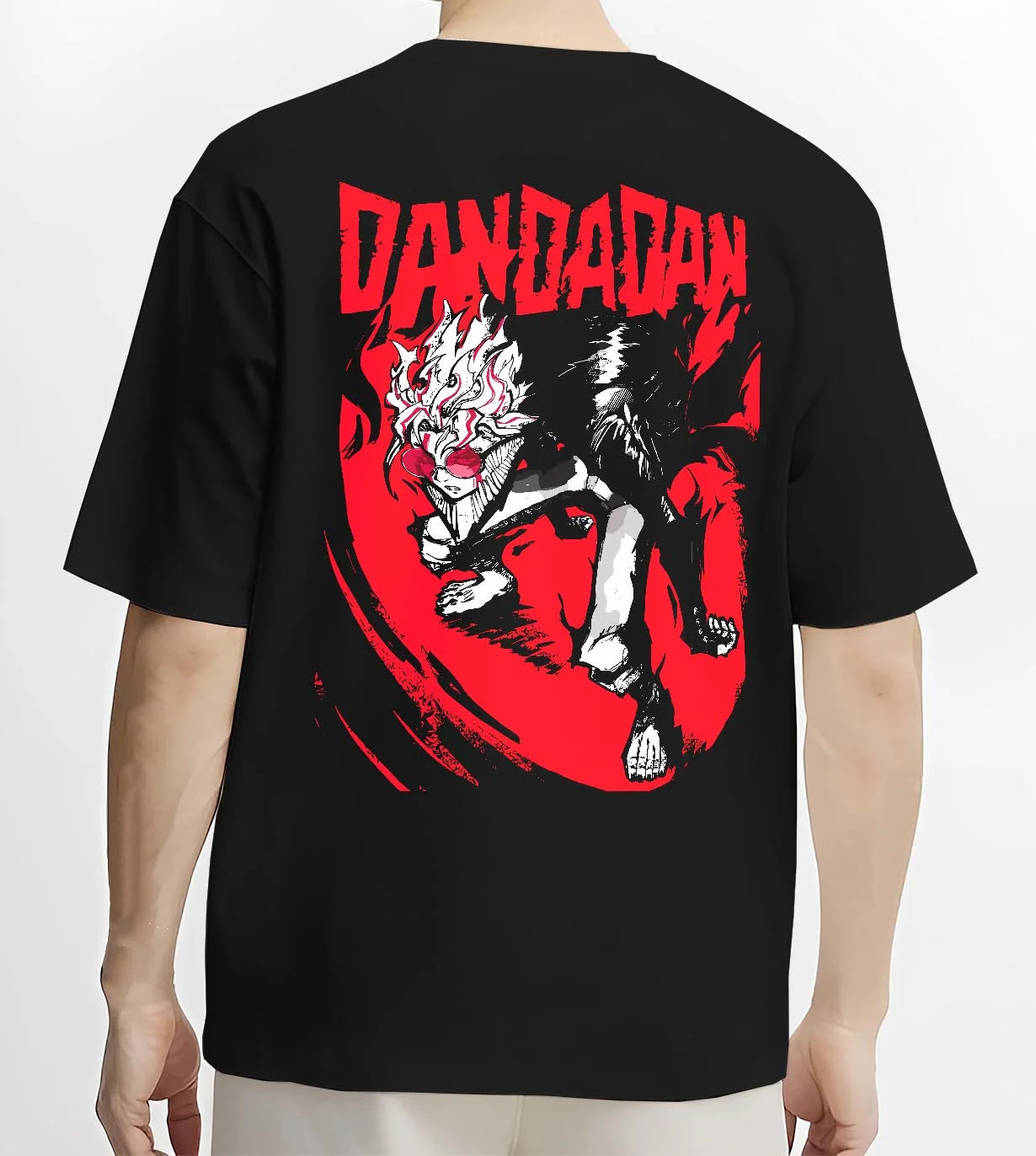Black T-shirt worn by male model, back view with Dandadan Hoodie Retro Anime Occult Spirit Adventure graphic bold anime graphic.