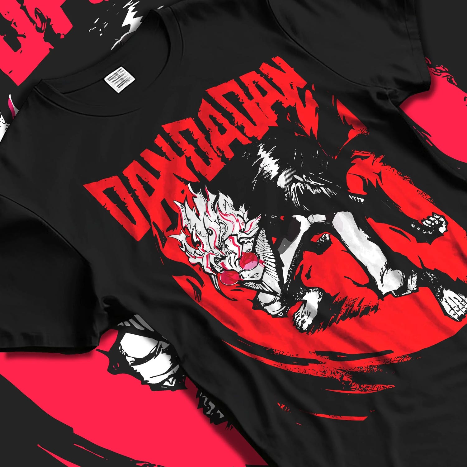 Black T-shirt laid flat with natural folds with Dandadan Hoodie Retro Anime Occult Spirit Adventure graphic streetwear graphic.