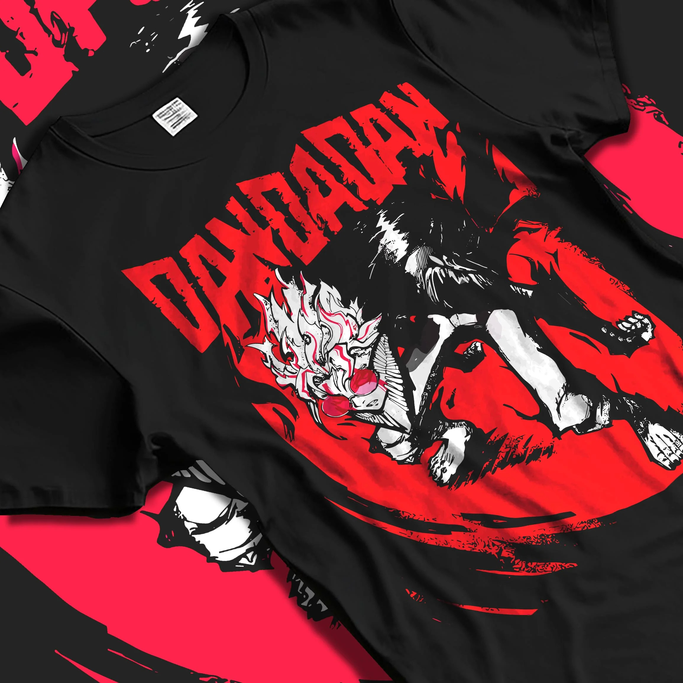 Black T-shirt laid flat with natural folds with Dandadan Hoodie Retro Anime Occult Spirit Adventure graphic streetwear graphic.