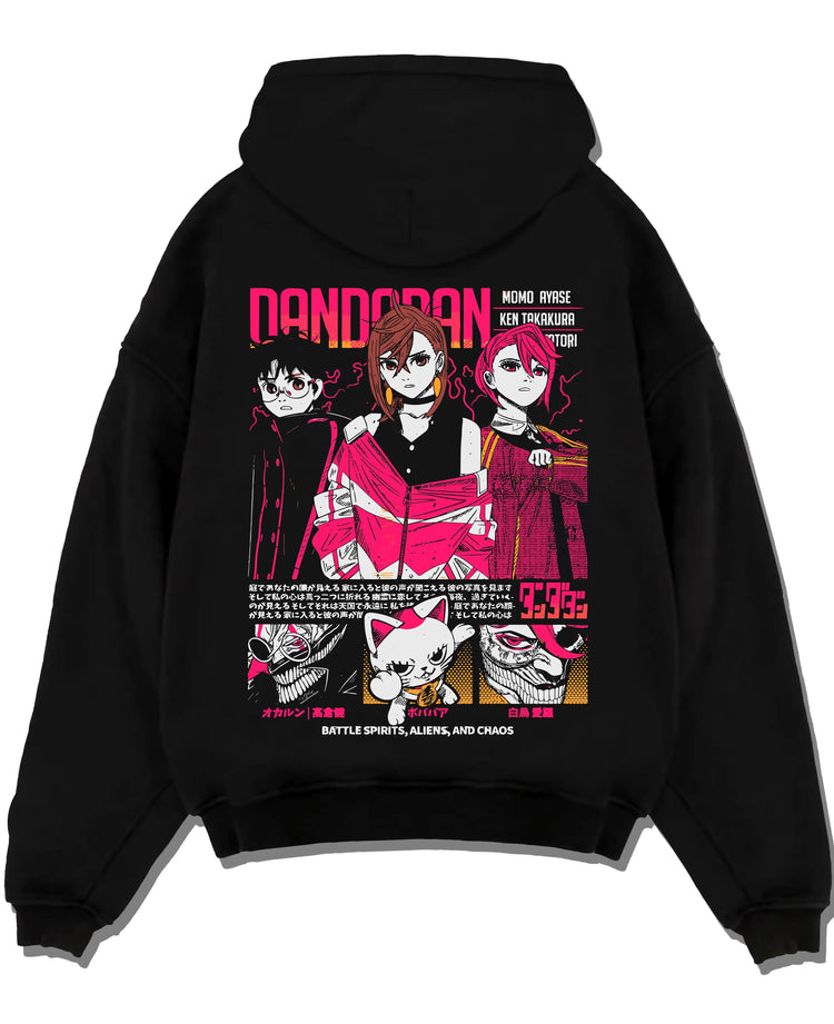 Black pullover hoodie laid flat with Dandadan Hoodie Paranormal Duo Retro Anime Poster graphic streetwear graphic.