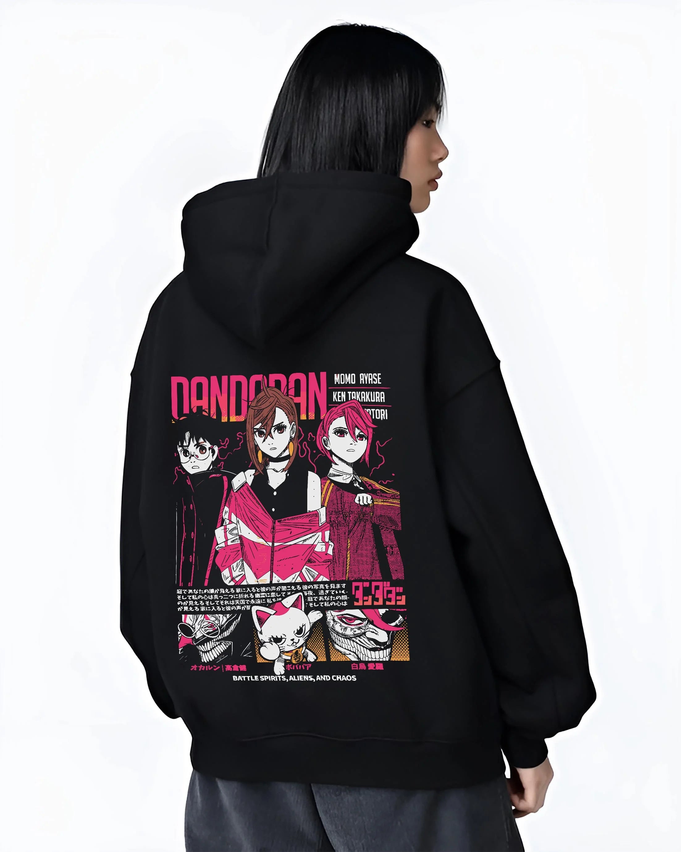 Black hoodie worn by female model, back view with Dandadan Hoodie Paranormal Duo Retro Anime Poster graphic streetwear graphic.