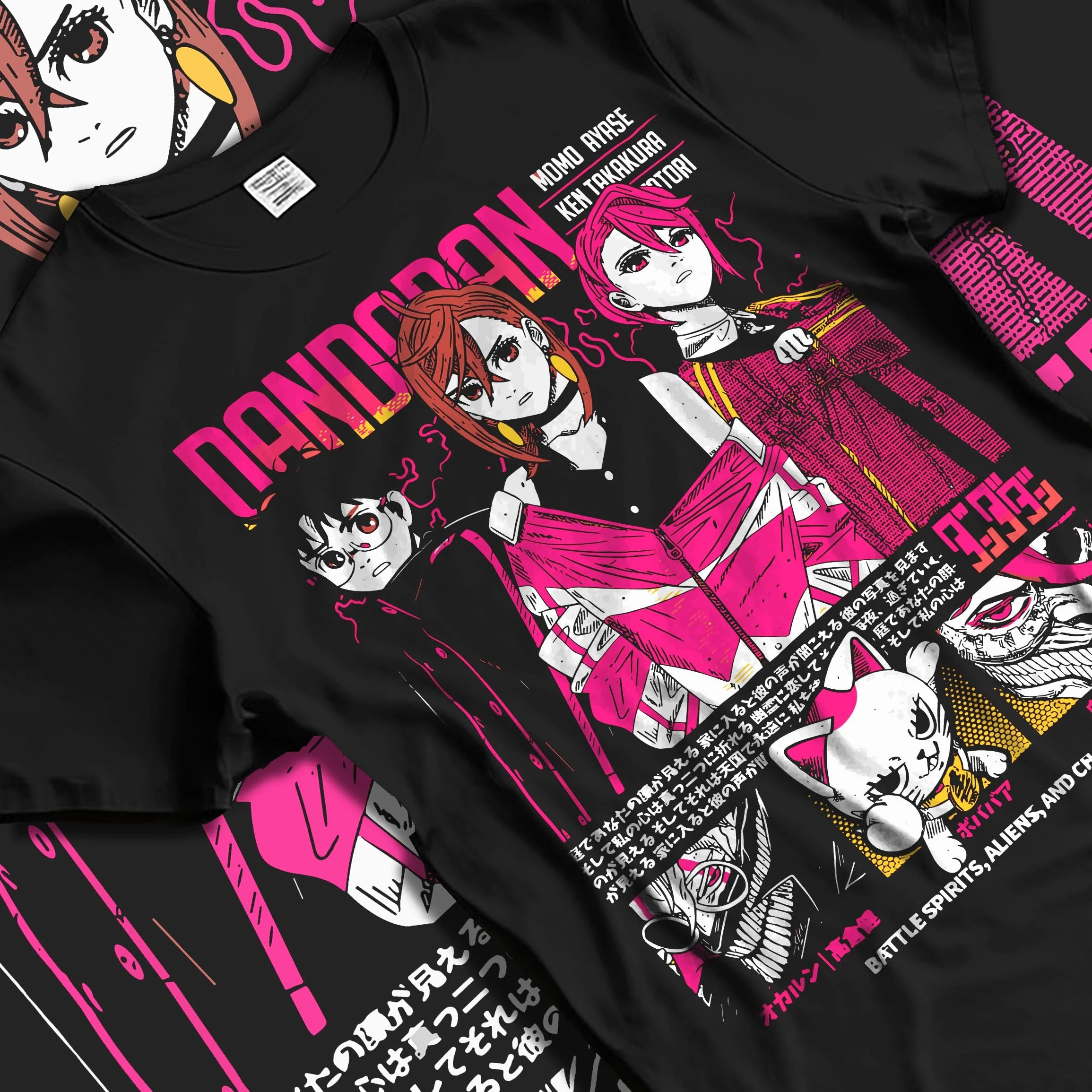 Black T-shirt laid flat with natural folds with Dandadan Hoodie Paranormal Duo Retro Anime Poster graphic bold anime graphic.