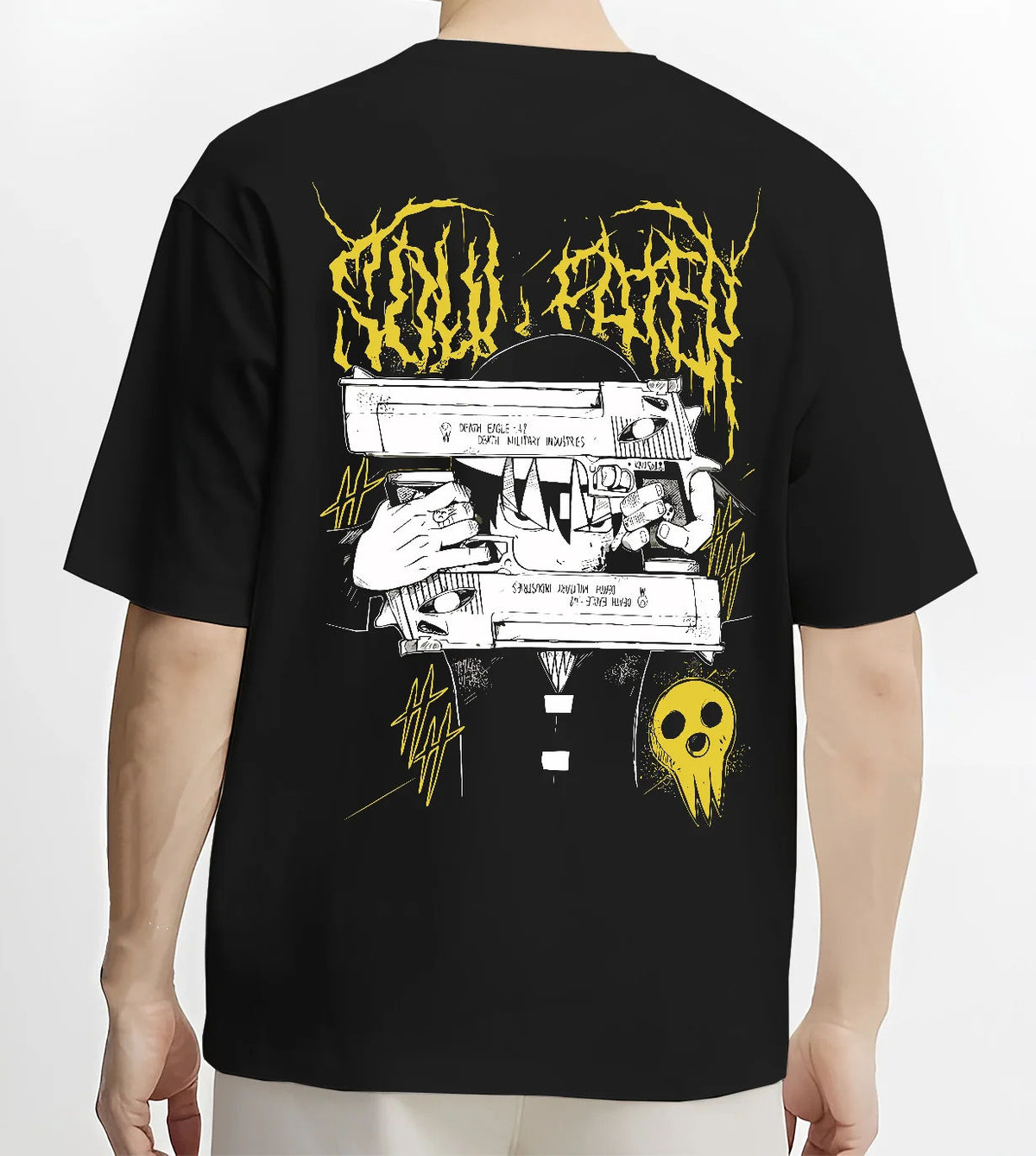 Black T-shirt model back view showing Death the Kid from Soul Eater: twin pistols