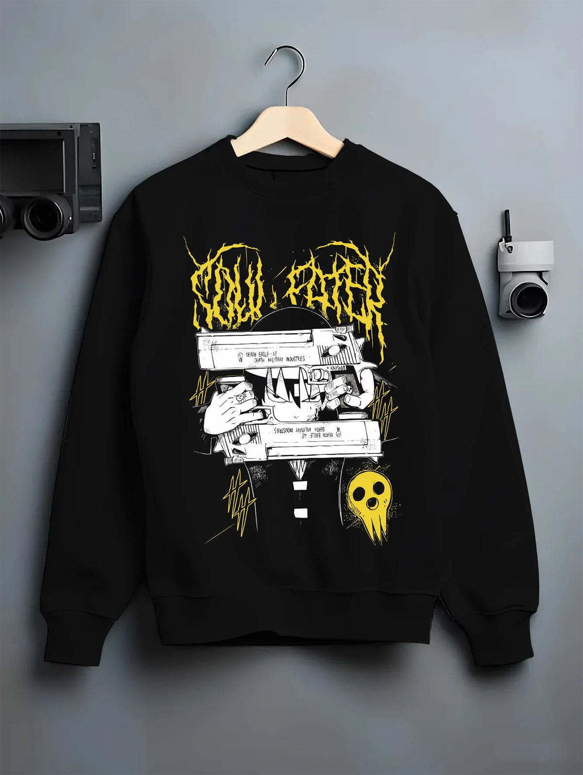Black crewneck sweatshirt on hanger showing Death the Kid from Soul Eater: twin pistols