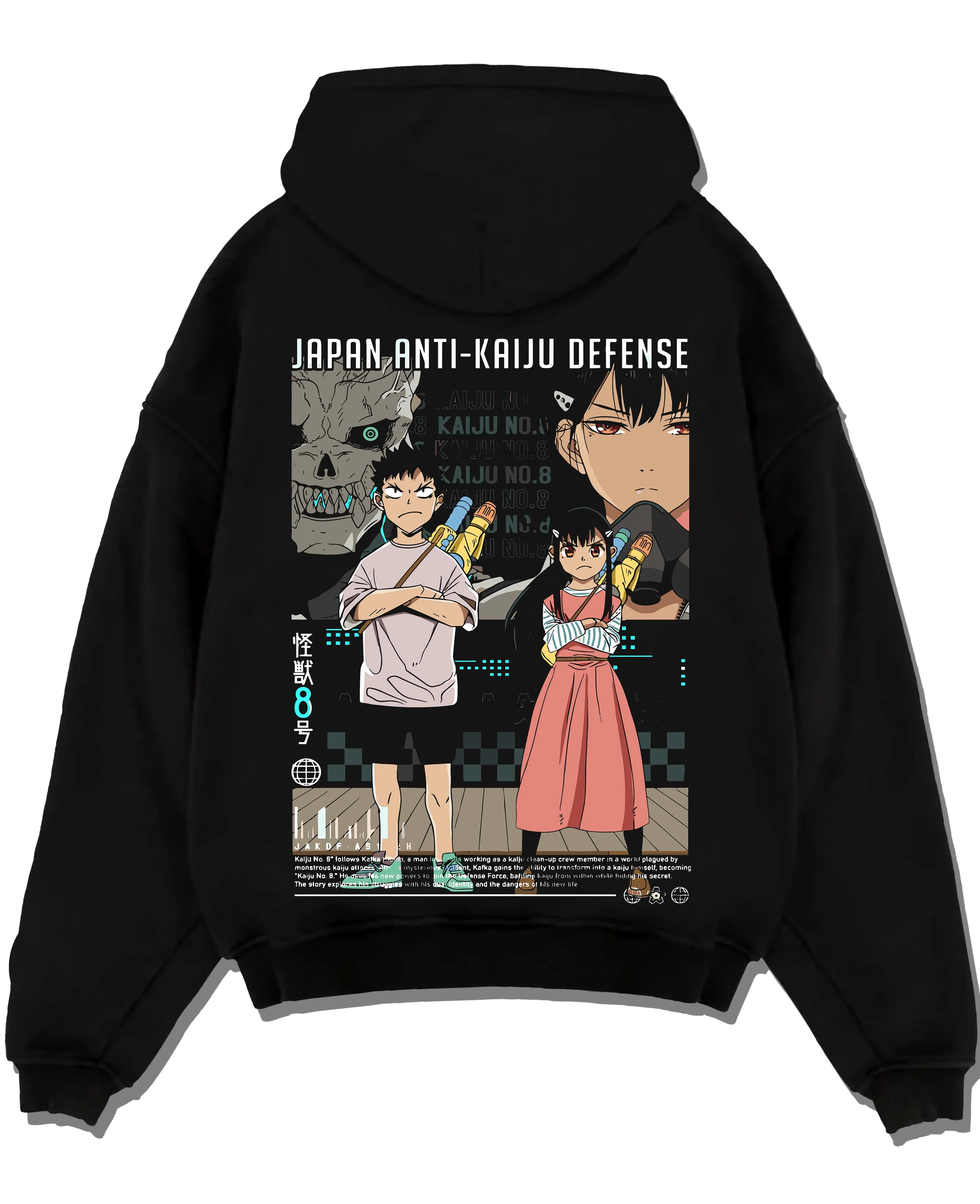 Black pullover hoodie laid flat with Kaiju No. 8 Hoodie Defence Corps Protection Jumper graphic bold anime graphic.
