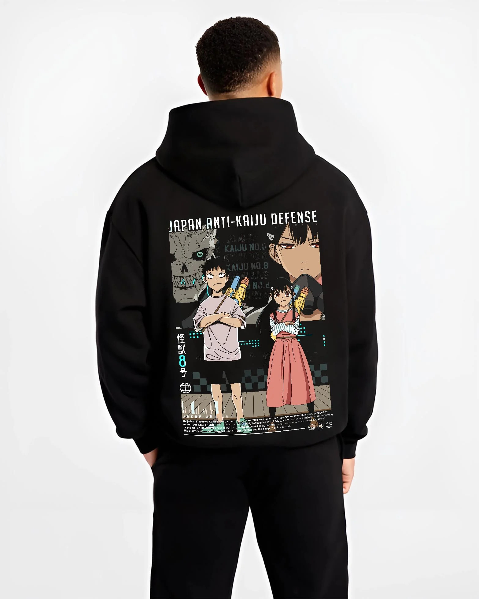 Black hoodie worn by male model, back view with Kaiju No. 8 Hoodie Defence Corps Protection Jumper graphic streetwear graphic.