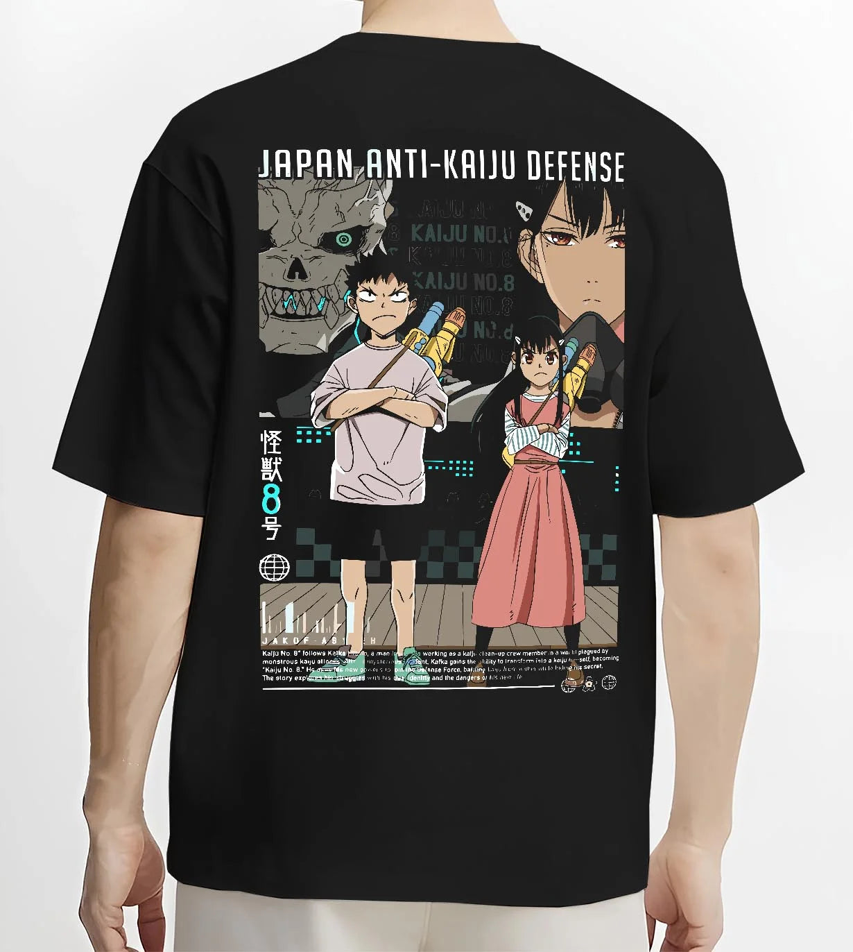 Black T-shirt worn by male model, back view with Kaiju No. 8 Hoodie Defence Corps Protection Jumper graphic streetwear graphic.