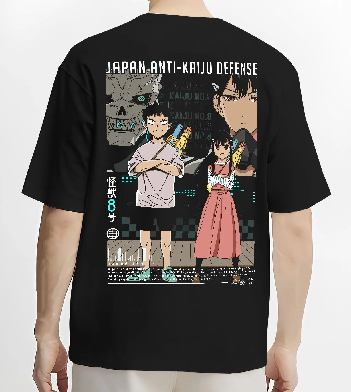 Black T-shirt worn by male model, back view with Kaiju No. 8 Hoodie Defence Corps Protection Jumper graphic streetwear graphic.