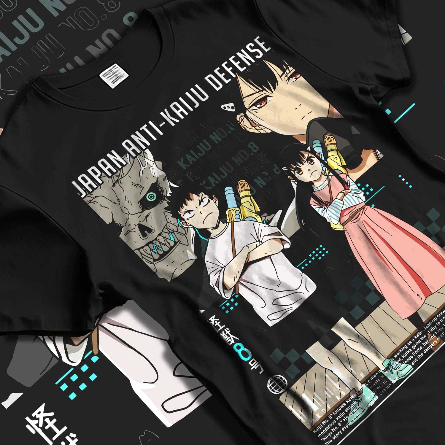 Black T-shirt laid flat with natural folds with Kaiju No. 8 Hoodie Defence Corps Protection Jumper graphic bold anime graphic.