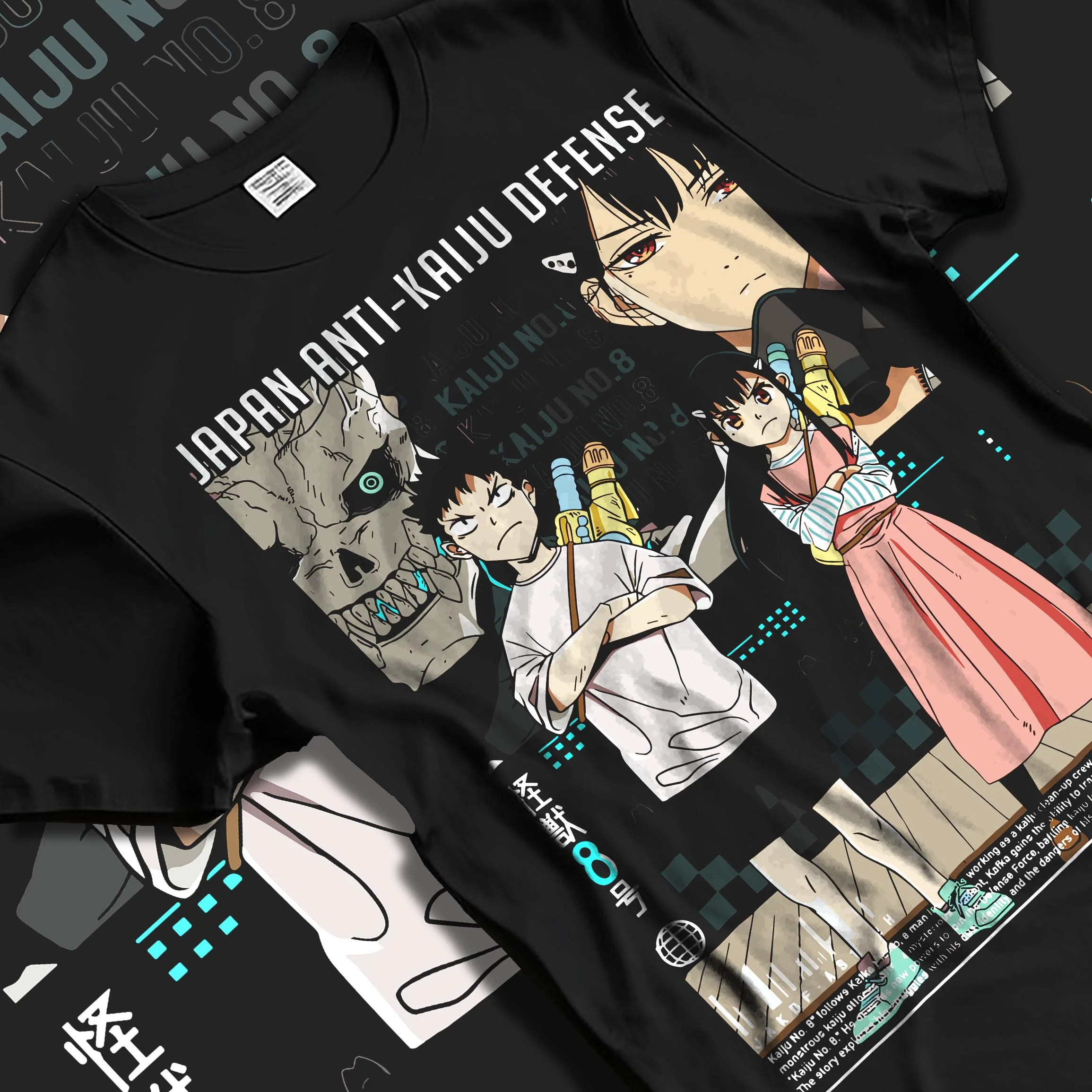 Black T-shirt laid flat with natural folds with Kaiju No. 8 Hoodie Defence Corps Protection Jumper graphic bold anime graphic.