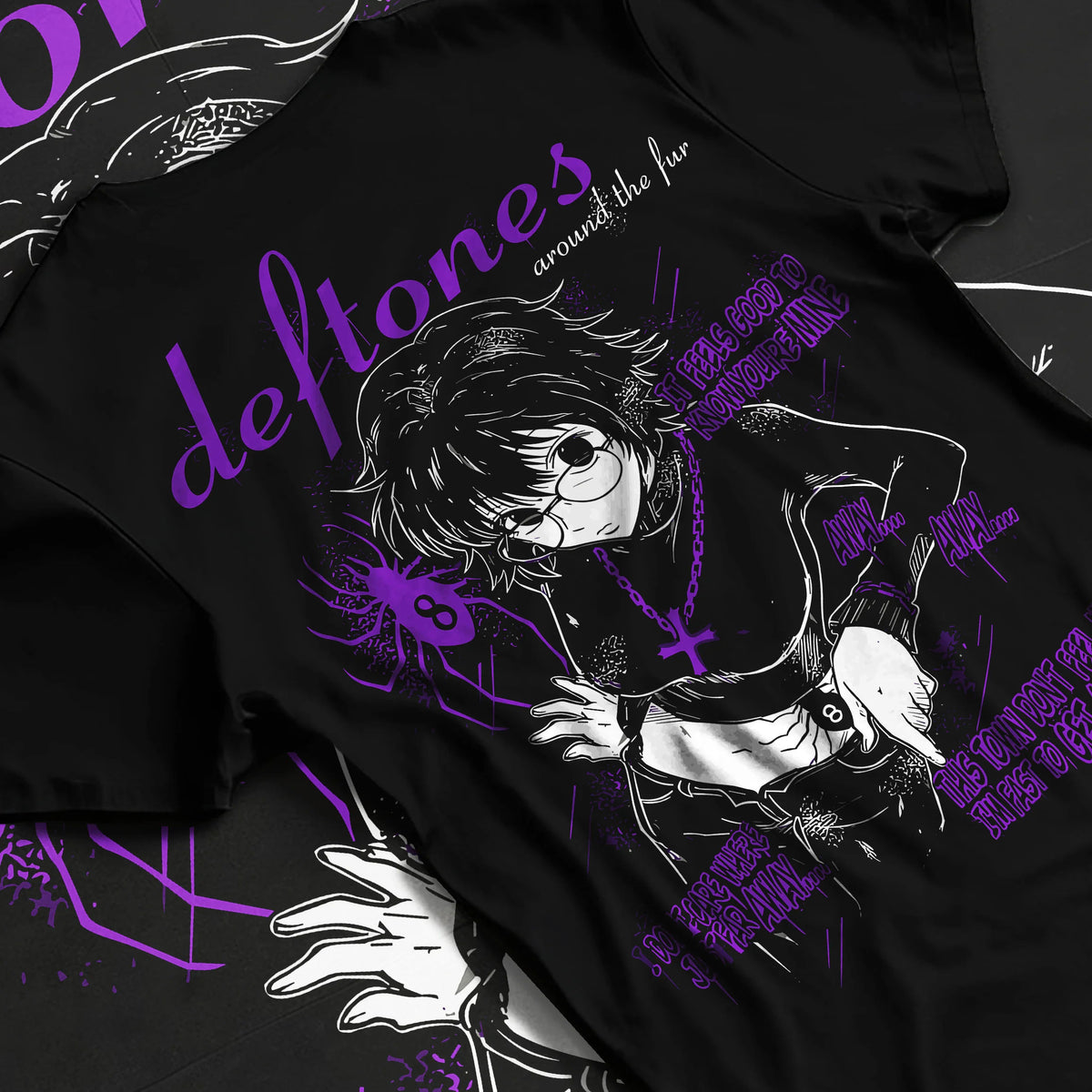 Shizuku Murasaki from Hunter x Hunter, Phantom Troupe member No. 8 on graphic T-shirt flat lay