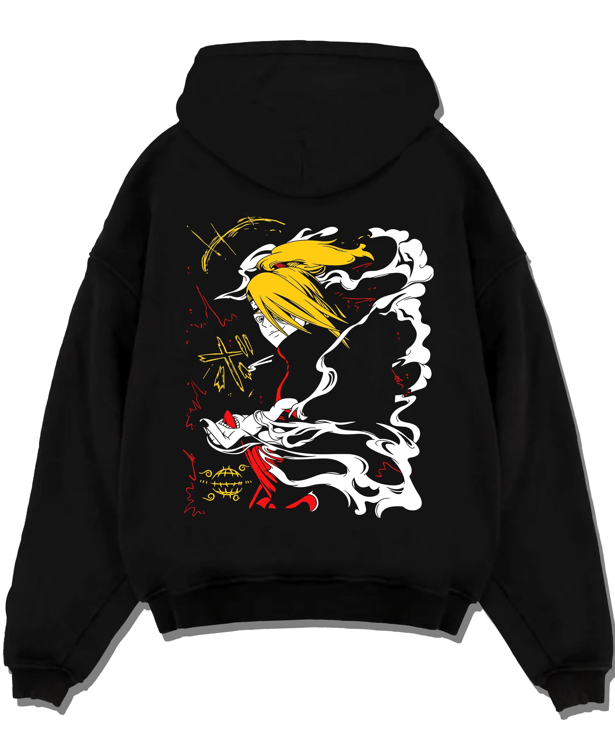 Black pullover hoodie laid flat with Bleach Hoodie Ichigo Hollow Mask Retro Anime Poster graphic bold anime graphic.