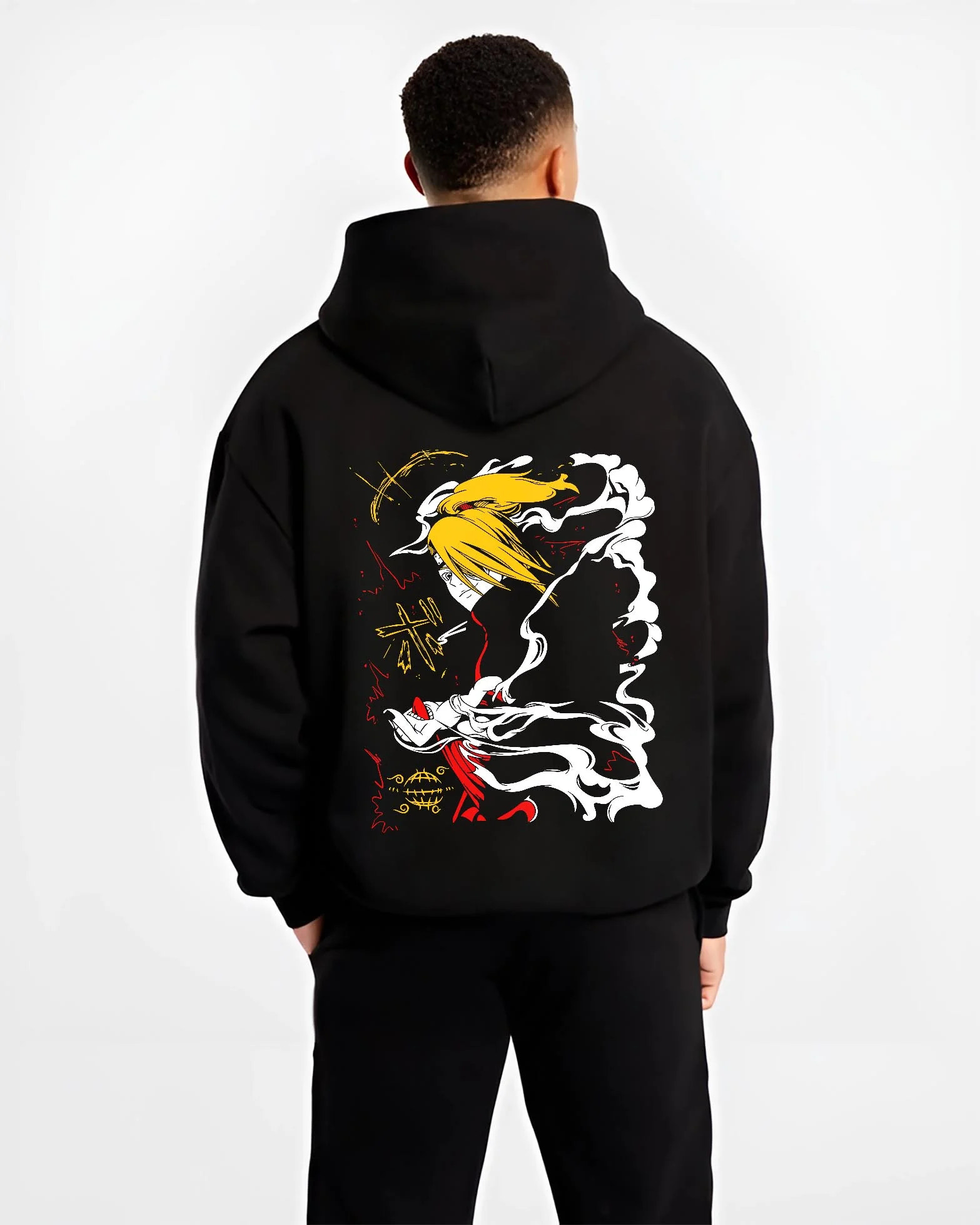 Black hoodie worn by male model, back view with Bleach Hoodie Ichigo Hollow Mask Retro Anime Poster graphic premium wear.