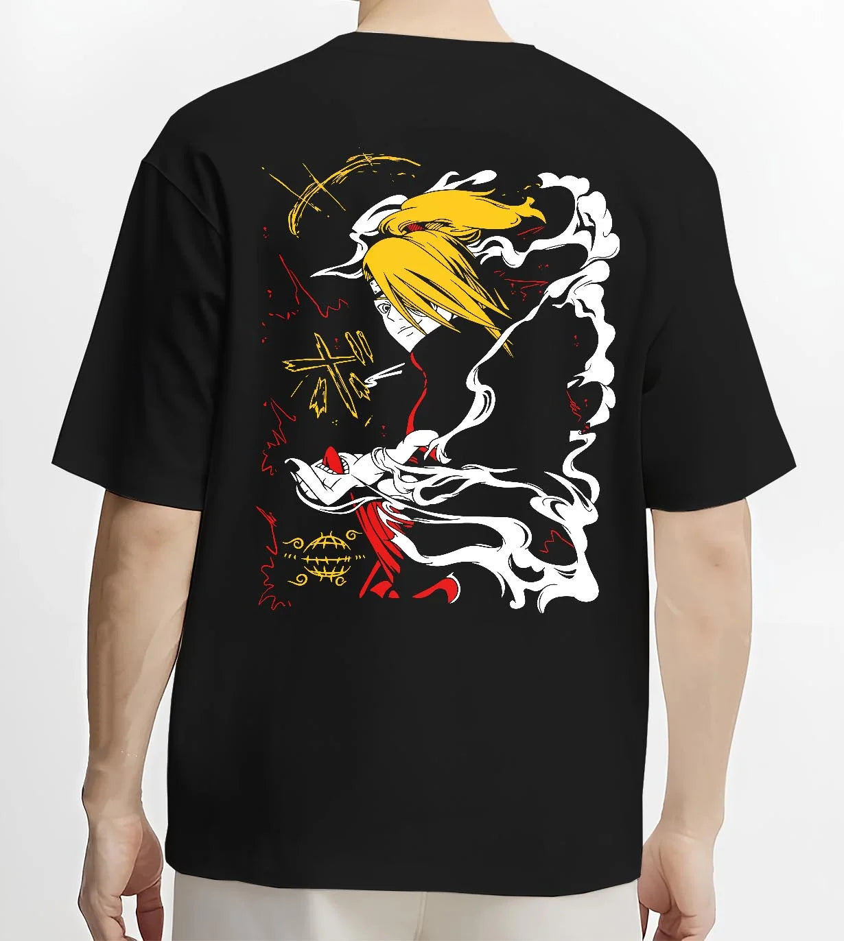 Black T-shirt worn by male model, back view with Bleach Hoodie Ichigo Hollow Mask Retro Anime Poster graphic bold anime graphic.