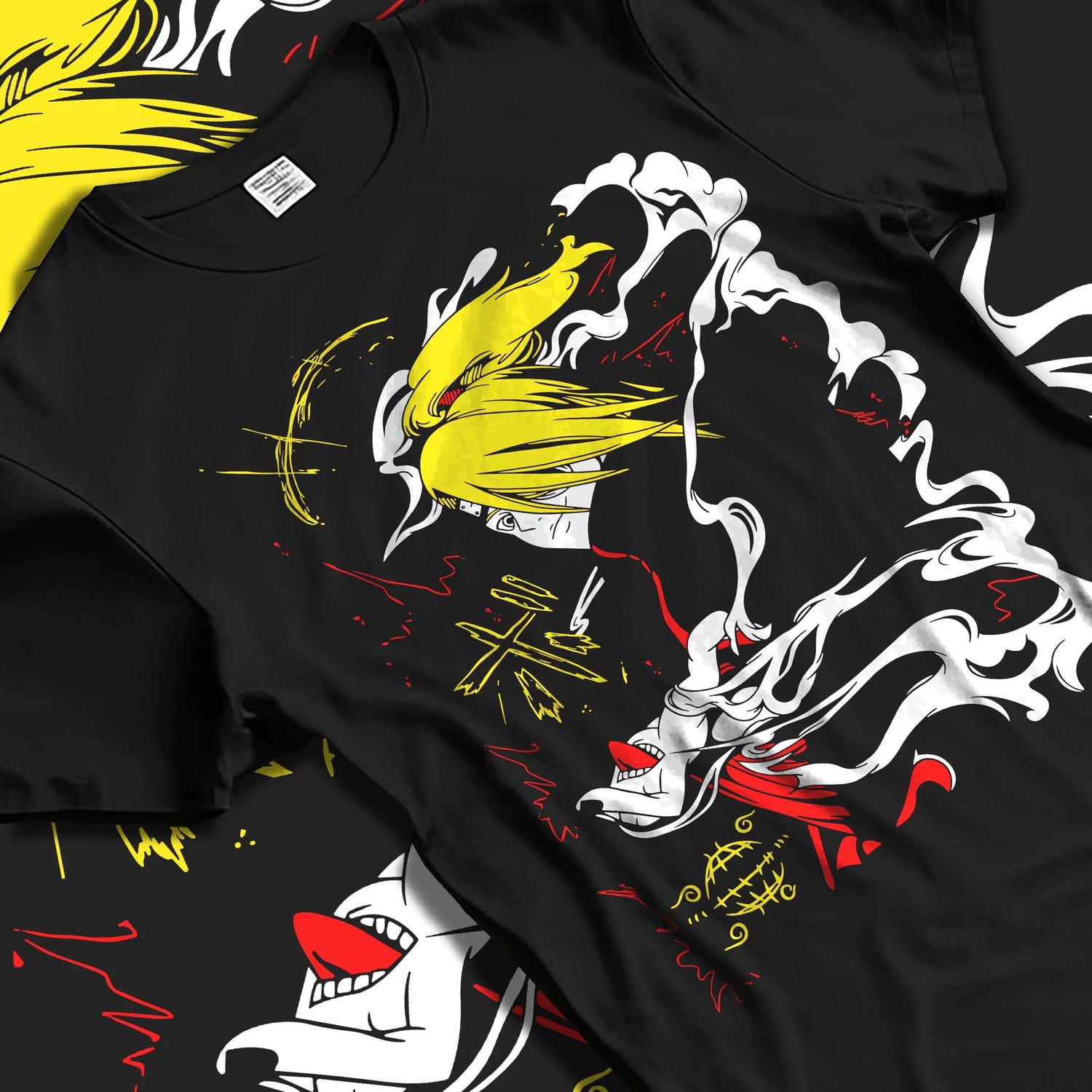 Black T-shirt laid flat with natural folds with Bleach Hoodie Ichigo Hollow Mask Retro Anime Poster graphic premium wear.