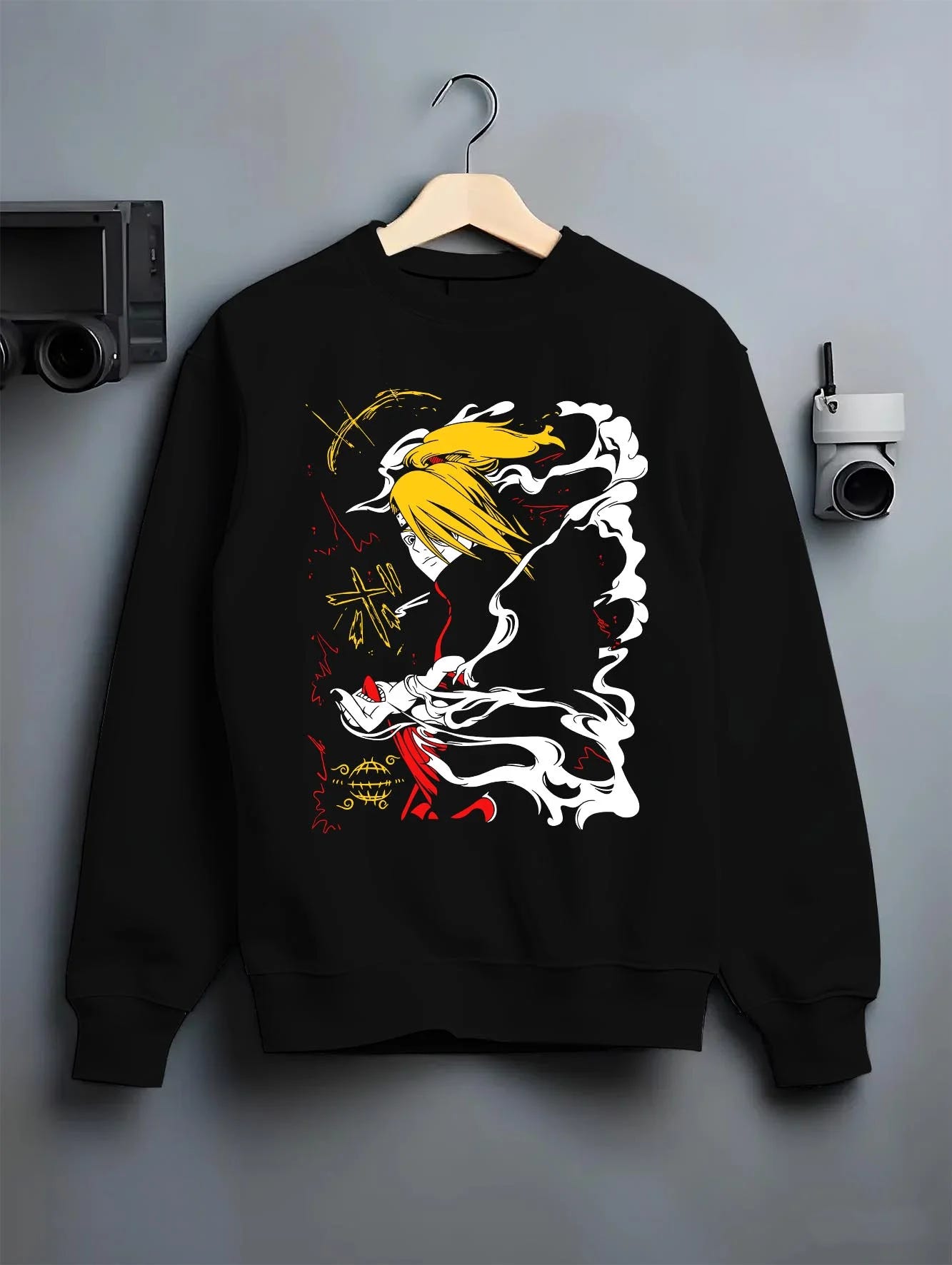 Black crewneck sweatshirt on hanger with Bleach Hoodie Ichigo Hollow Mask Retro Anime Poster graphic streetwear graphic.