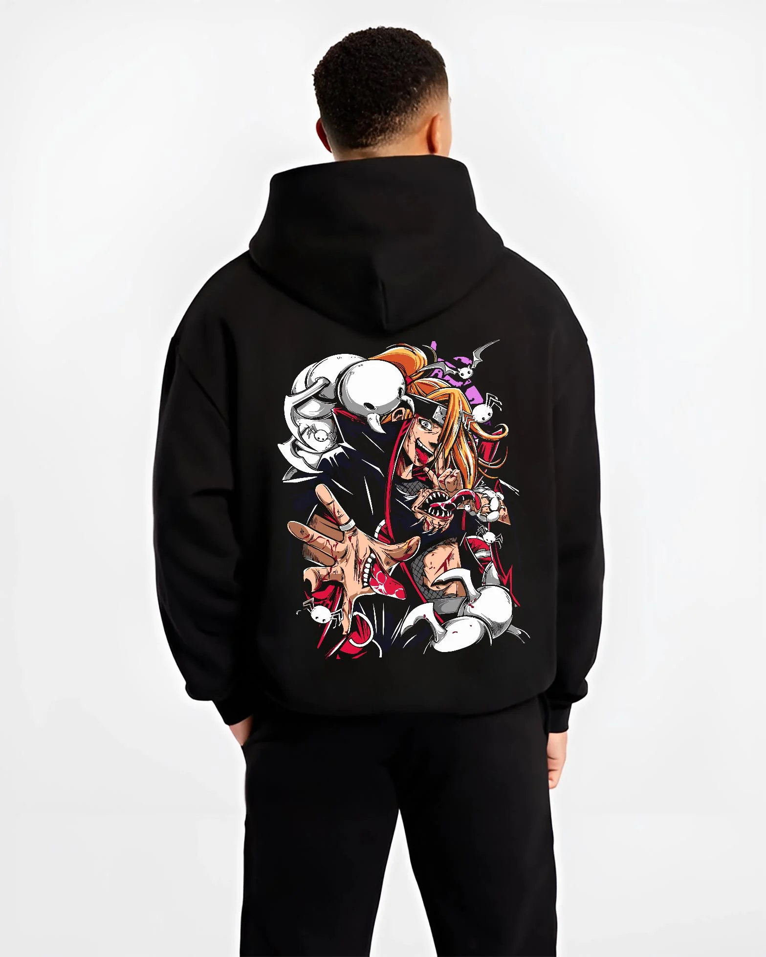 Black hoodie worn by male model, back view with Bleach Hoodie Ichigo Battle Form Hollow Retro Print graphic streetwear graphic.