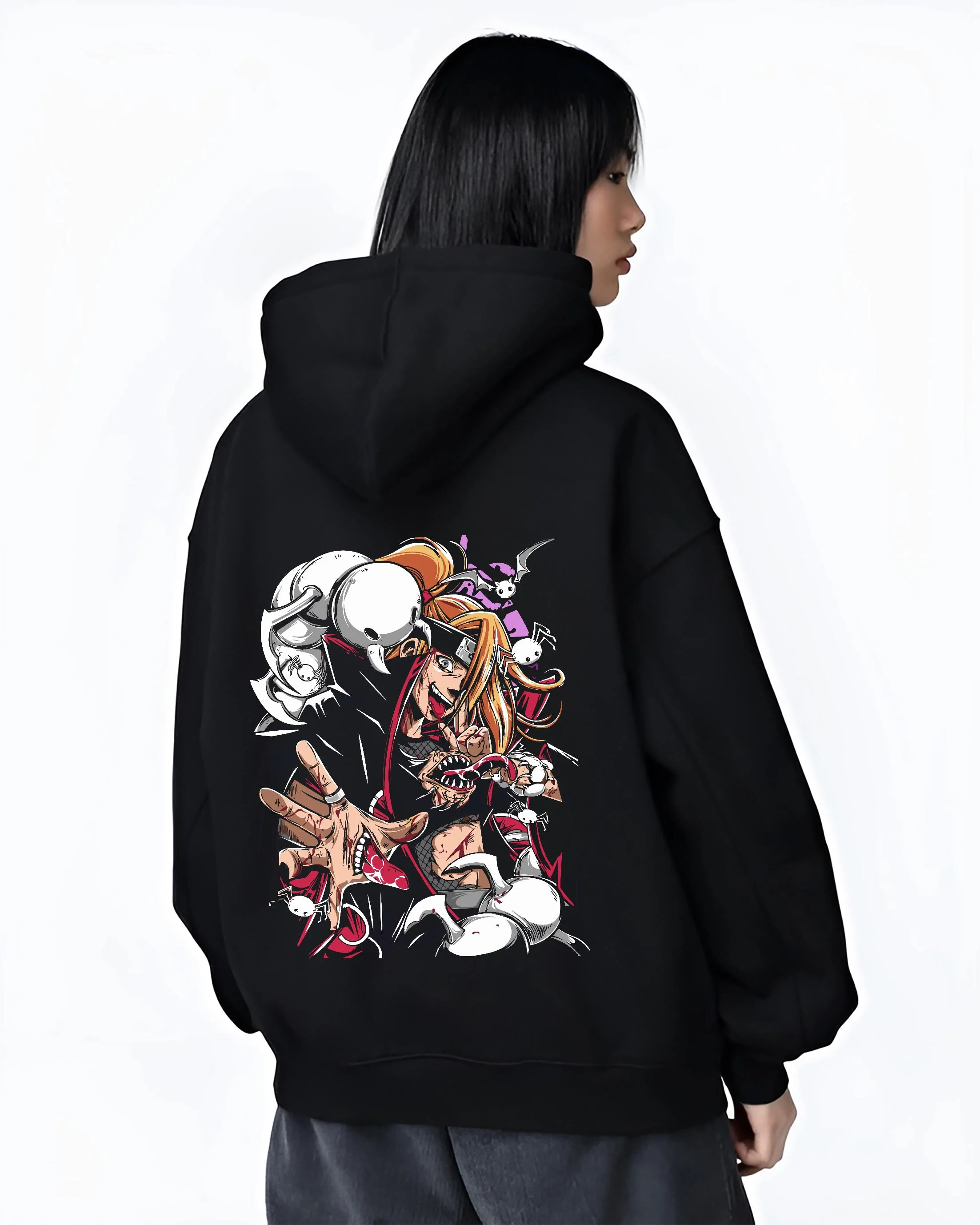 Black hoodie worn by female model, back view with Bleach Hoodie Ichigo Battle Form Hollow Retro Print graphic premium wear.