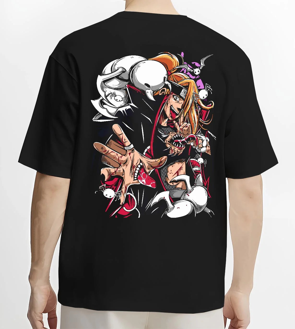 Black T-shirt worn by male model, back view with Bleach Hoodie Ichigo Battle Form Hollow Retro Print graphic streetwear graphic.