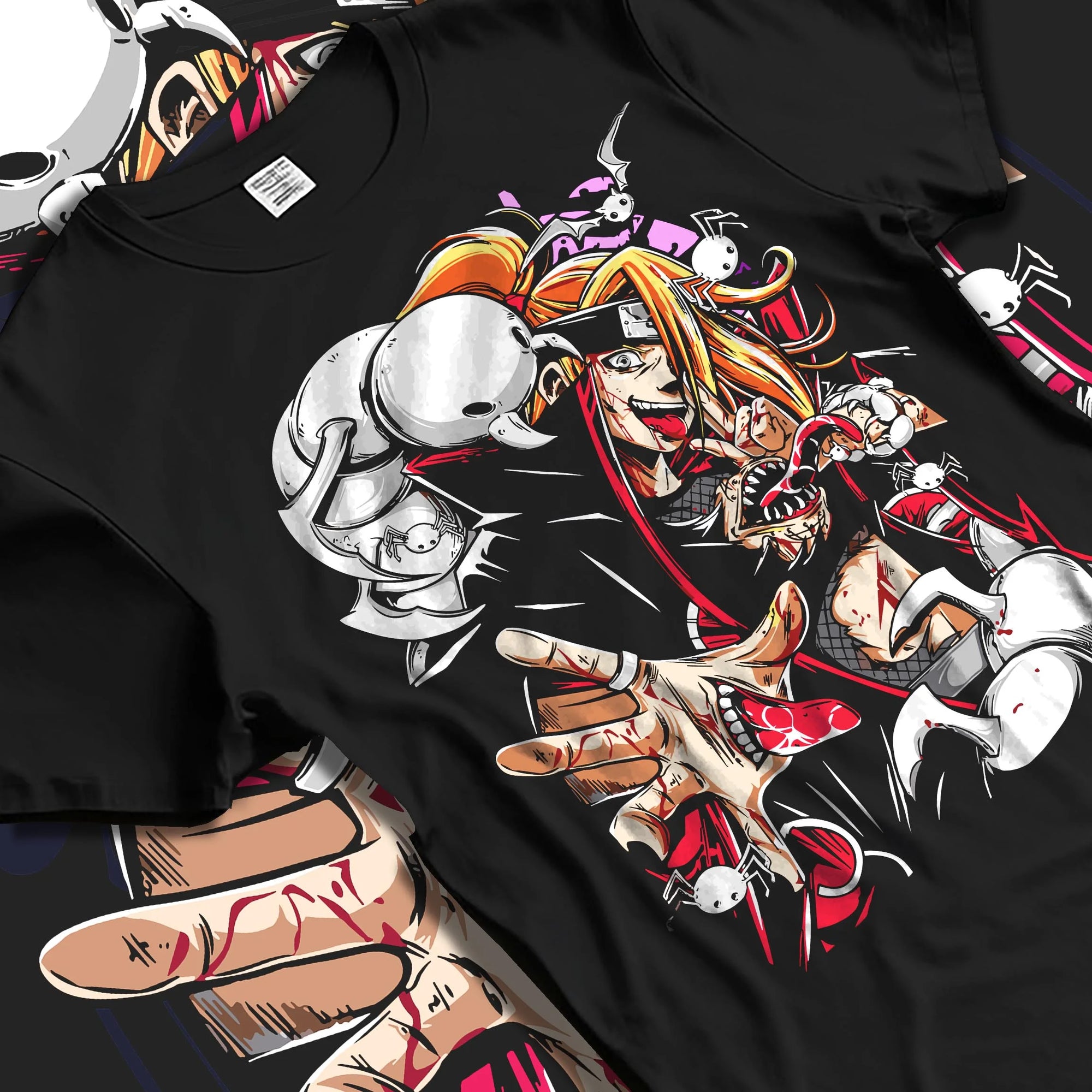 Black T-shirt laid flat with natural folds with Bleach Hoodie Ichigo Battle Form Hollow Retro Print graphic streetwear graphic.