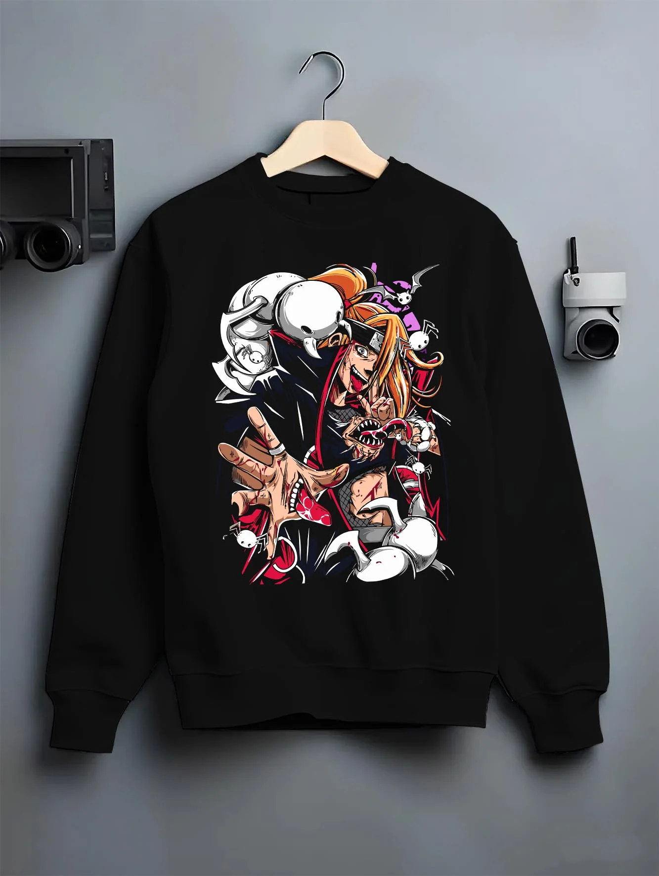 Black crewneck sweatshirt on hanger with Bleach Hoodie Ichigo Battle Form Hollow Retro Print graphic premium wear.
